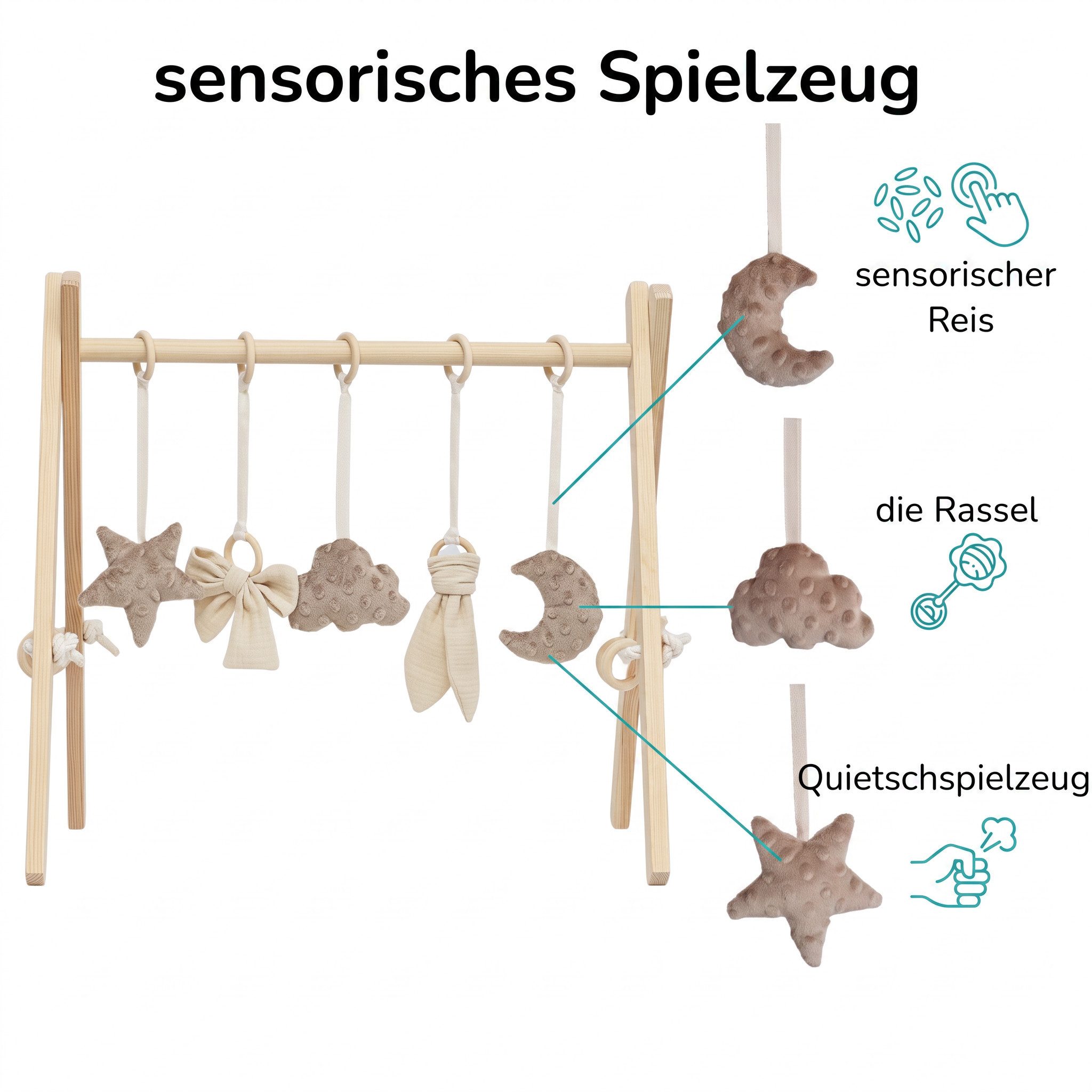 LuMali Baby Gym Holz Spielbogen klappbar 5 Spielzeuge 41x58x49cm Naturholz Kiefer, Spieltrapez Neugeborene sensorisch handgemacht faltbar leicht Geschenk
