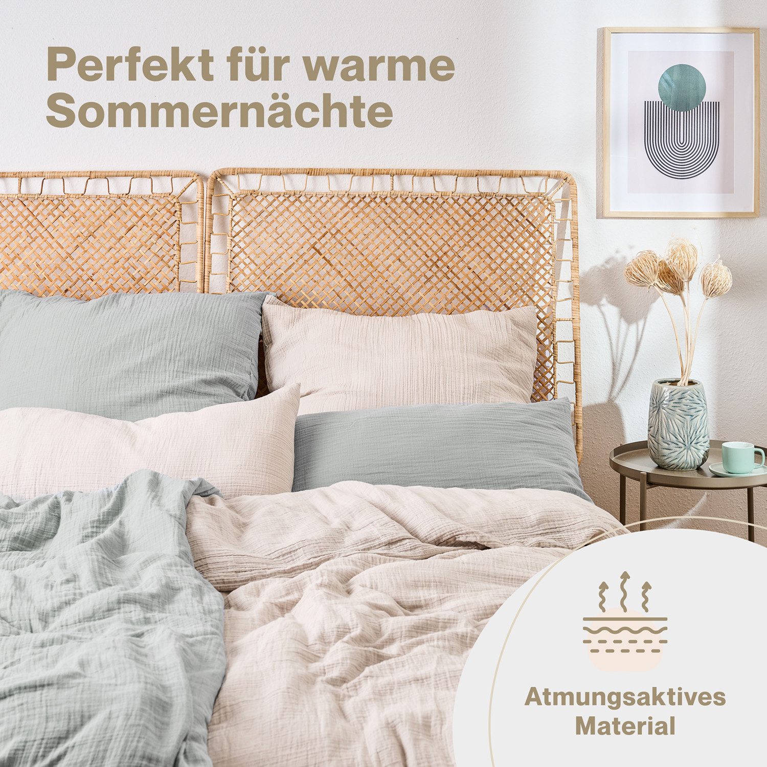 Blumtal Bettwäsche Musselin 100% Baumwolle im Set, Kopfkissenbezug & Deckenbezug, 3 teilig