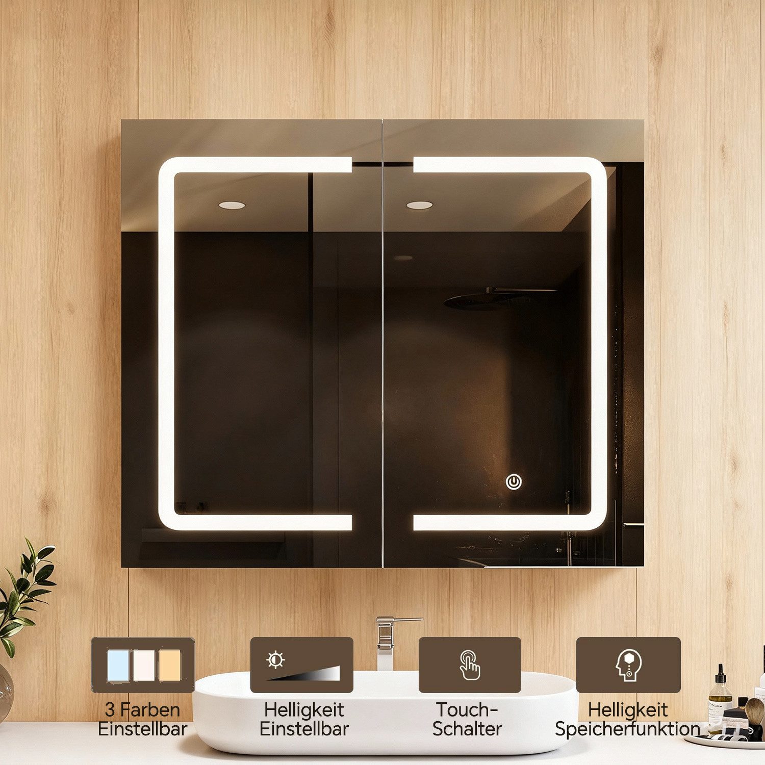 MSMASK Badezimmerspiegelschrank mit LED-Beleuchtung & Steckdose, 3 dimmbare Farbtemperaturen (1-St) Badezimmerschrank Spiegelschrank, 80x16x60cm, Weiß – Bild 5 von 5