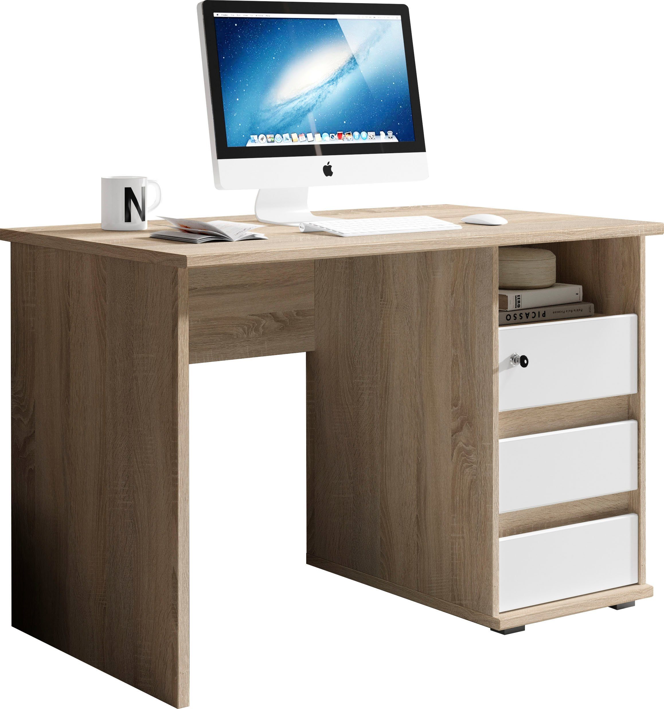 BEGA OFFICE Schreibtisch in sonoma/weiß Schubkasten abschließbar Primus eiche 3 Farbausführungen mit 1