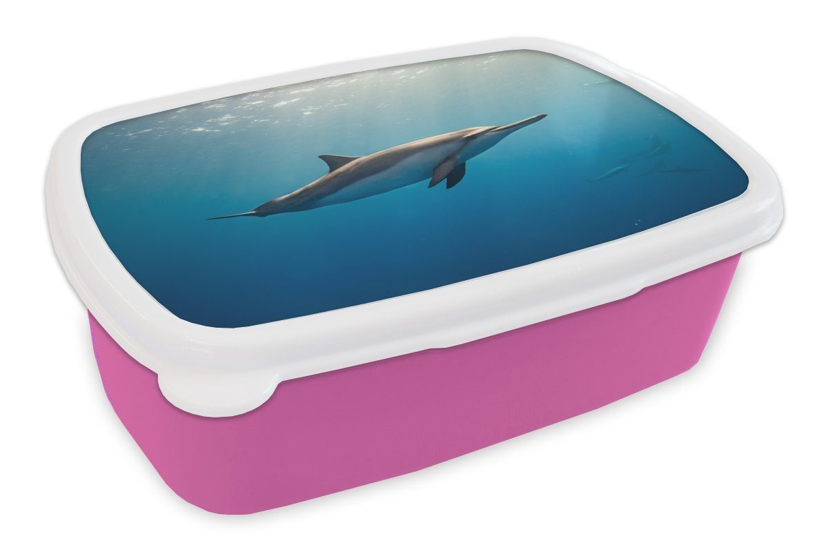 MuchoWow Lunchbox Delfin - Meer - Sonne, Kunststoff, (2-tlg), Brotbox für Erwachsene, Brotdose Kinder, Snackbox, Mädchen, Kunststoff rosa