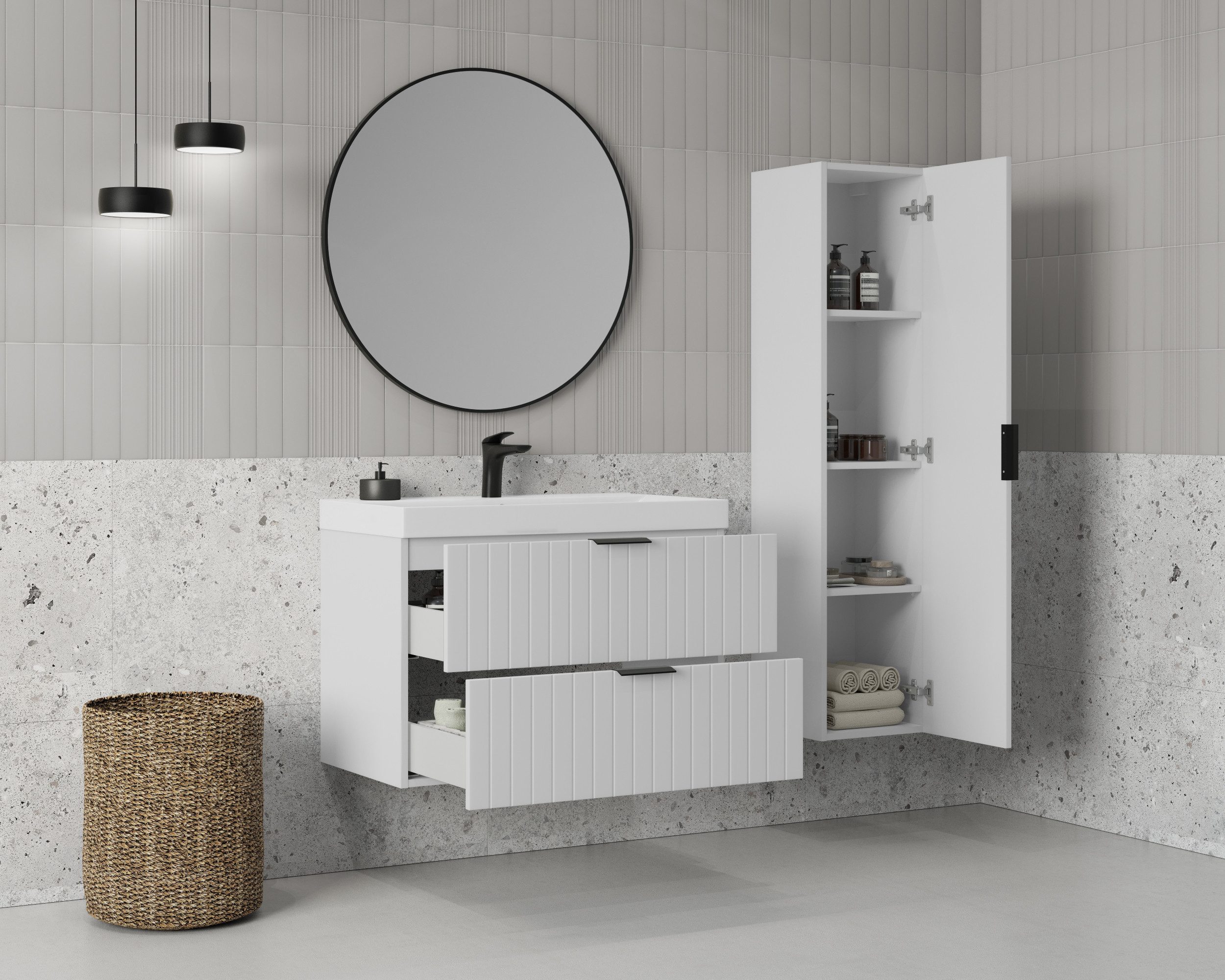welltime Hängeschrank HARMONY rechts/links montierbar, Breite 32 cm, modernes Design Schrank mit 3 Einlegeböden, Soft-Close-Function, Paneeloptik – Bild 4 von 5