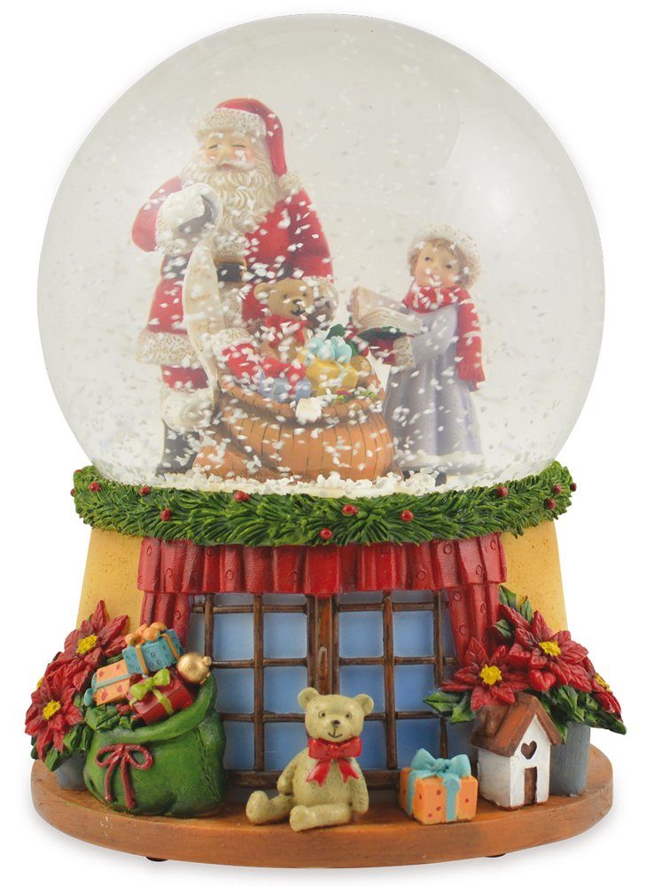 Schneekugel Spieluhr "Weihnachtsmann mit Teddy" 14 cm - 72284, Advent Weihnachtsdekoration