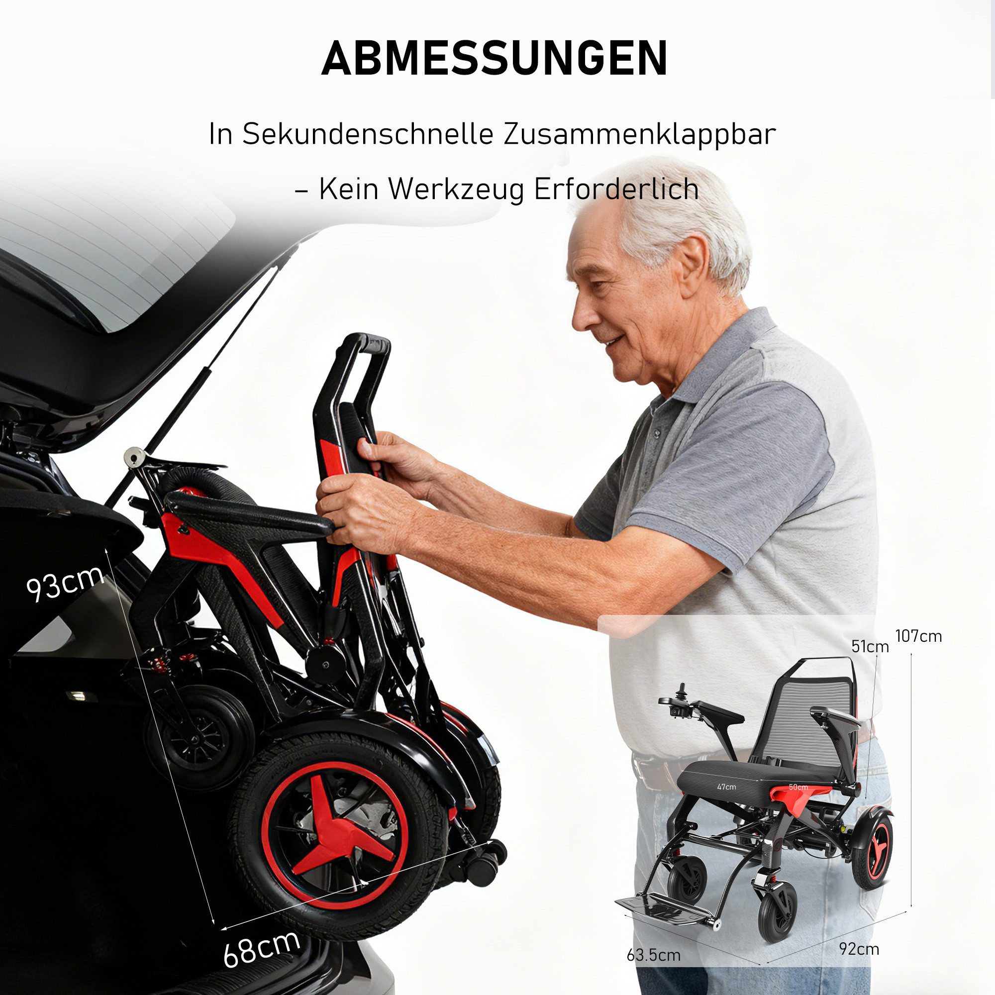 Vankel Elektrorollstuhl Kohlefaser, Elektrisch Faltbar Leicht bis 150KG, 40 km, 20AH, 2x250W, 6,00 km/h E-Rollstuhl