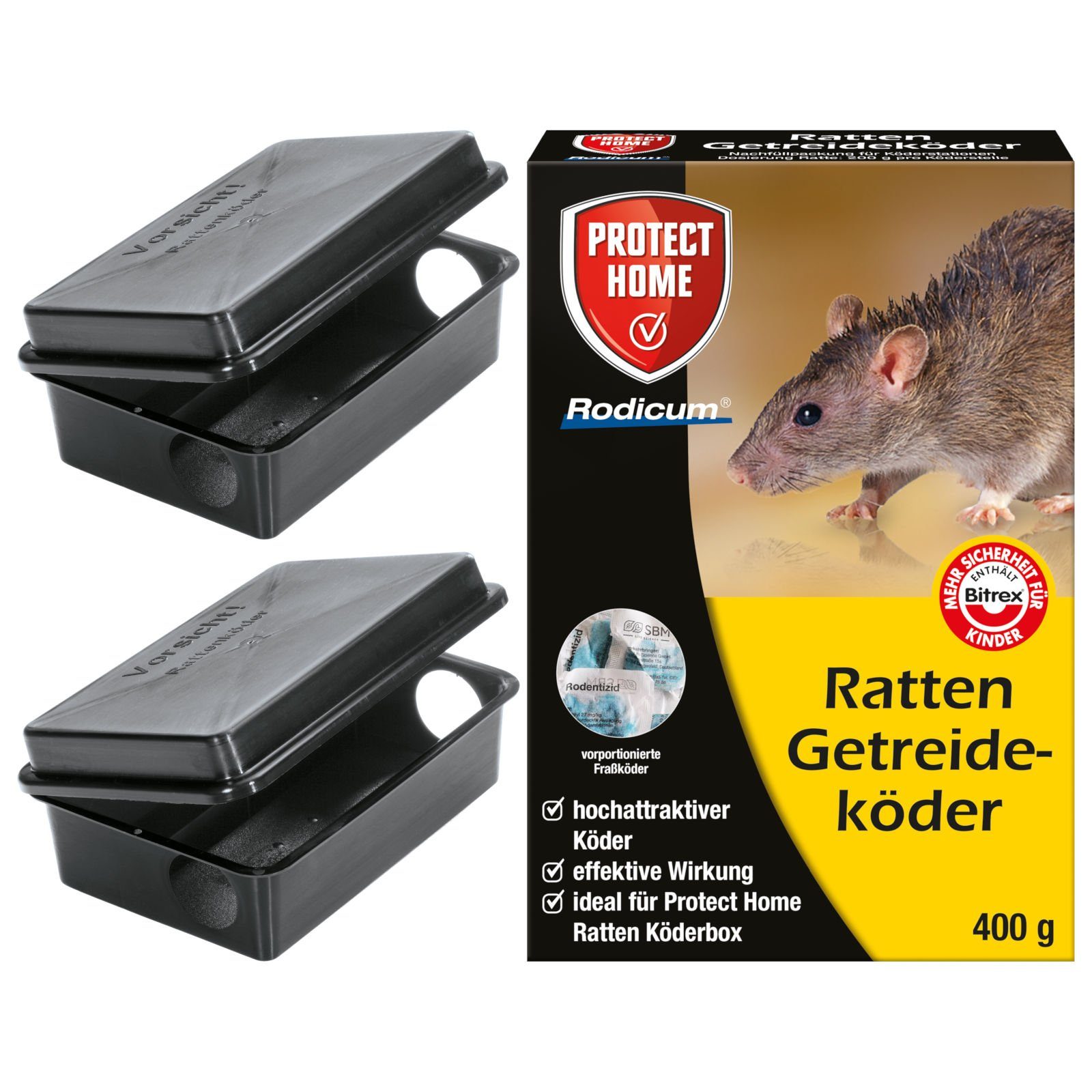 ZGM Gift-Rattenköder Set zur Rattenbekämpfung - 2x Ratten Köderstation + Rodicum Getreidekö