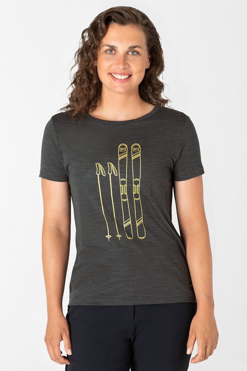 SUPER.NATURAL bequemer Melange/Gold Merino T-Shirt Grey SKIING W Print-Shirt Pirate Merino-Materialmix TEE