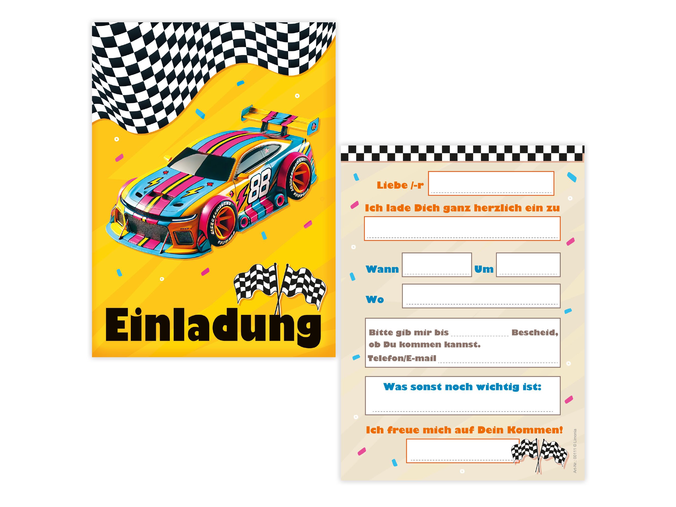 LIMONIA Einladungskarten Auto zum Kindergeburtstag Jungen Einladungen Rennauto Umschläge, Einladungskarten mit einem Auto Motiv zum Geburtstag