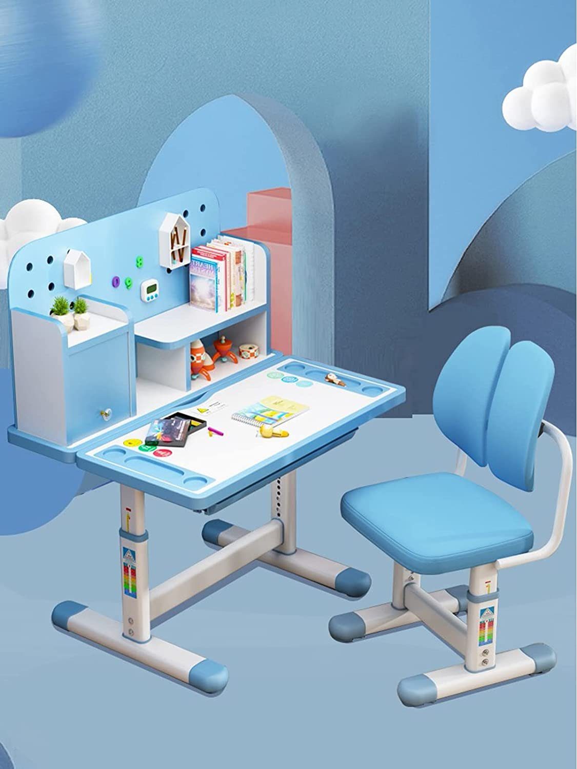 Stuhl style Kinderschreibtisch, Schülerschreibtisch höhenverstellbar mit home (Blau)
