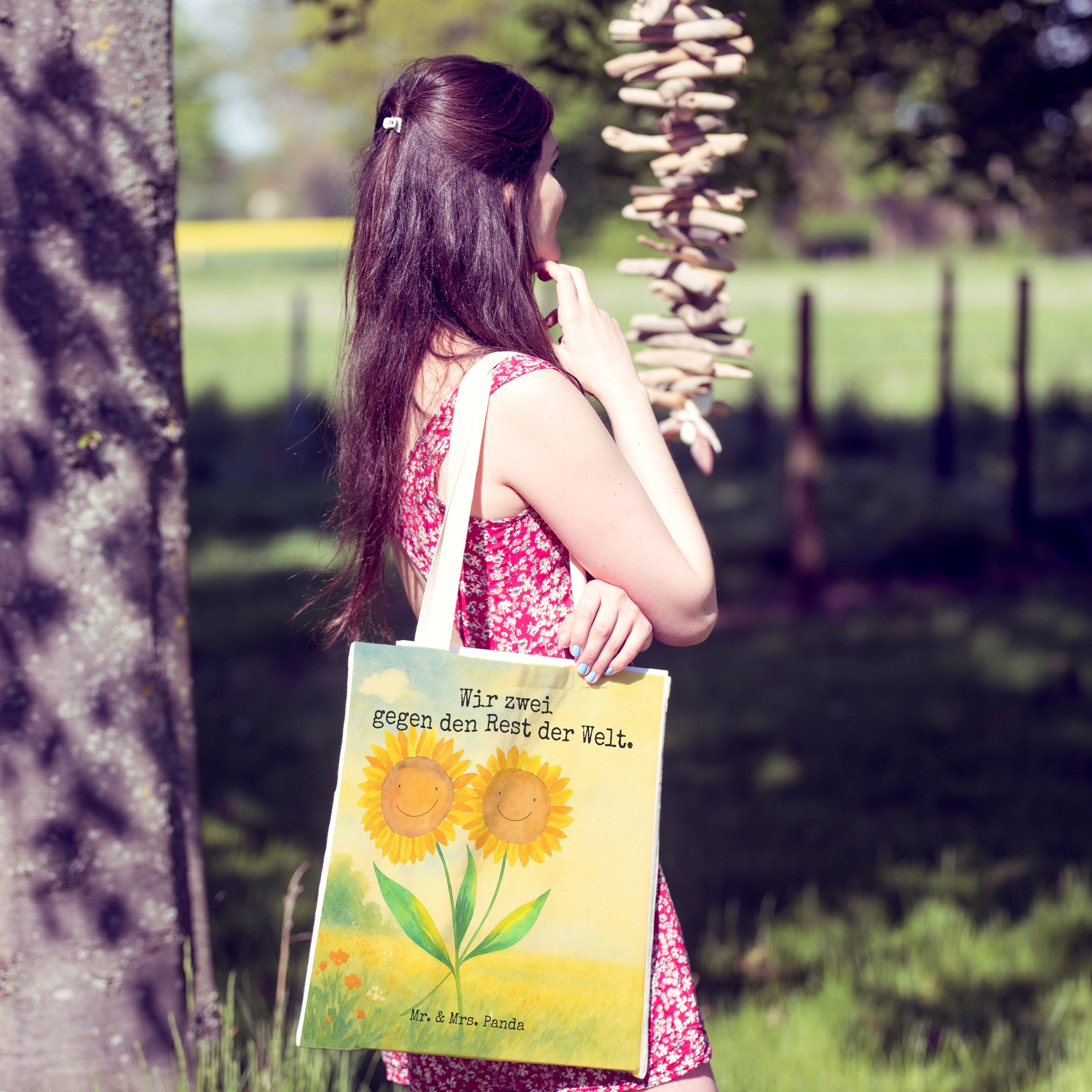 Mr. & Mrs. Panda Tragetasche Blume Sonnenblume Design, Tote Bag, Weiß, Tasche, Garten, Best Friend (Packung), Tragetasche Bedruckt Sonnenblume Freundin