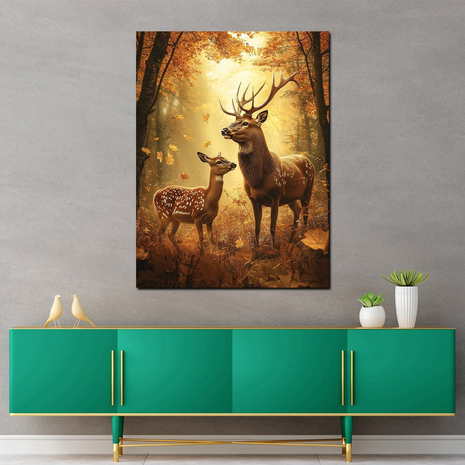 Artedinoi Leinwandbild Hirschpaar Wald Lichtstimmung Leinwandbild Wandbild Kunstdruck XL Wand, Hirschpaar im Wald