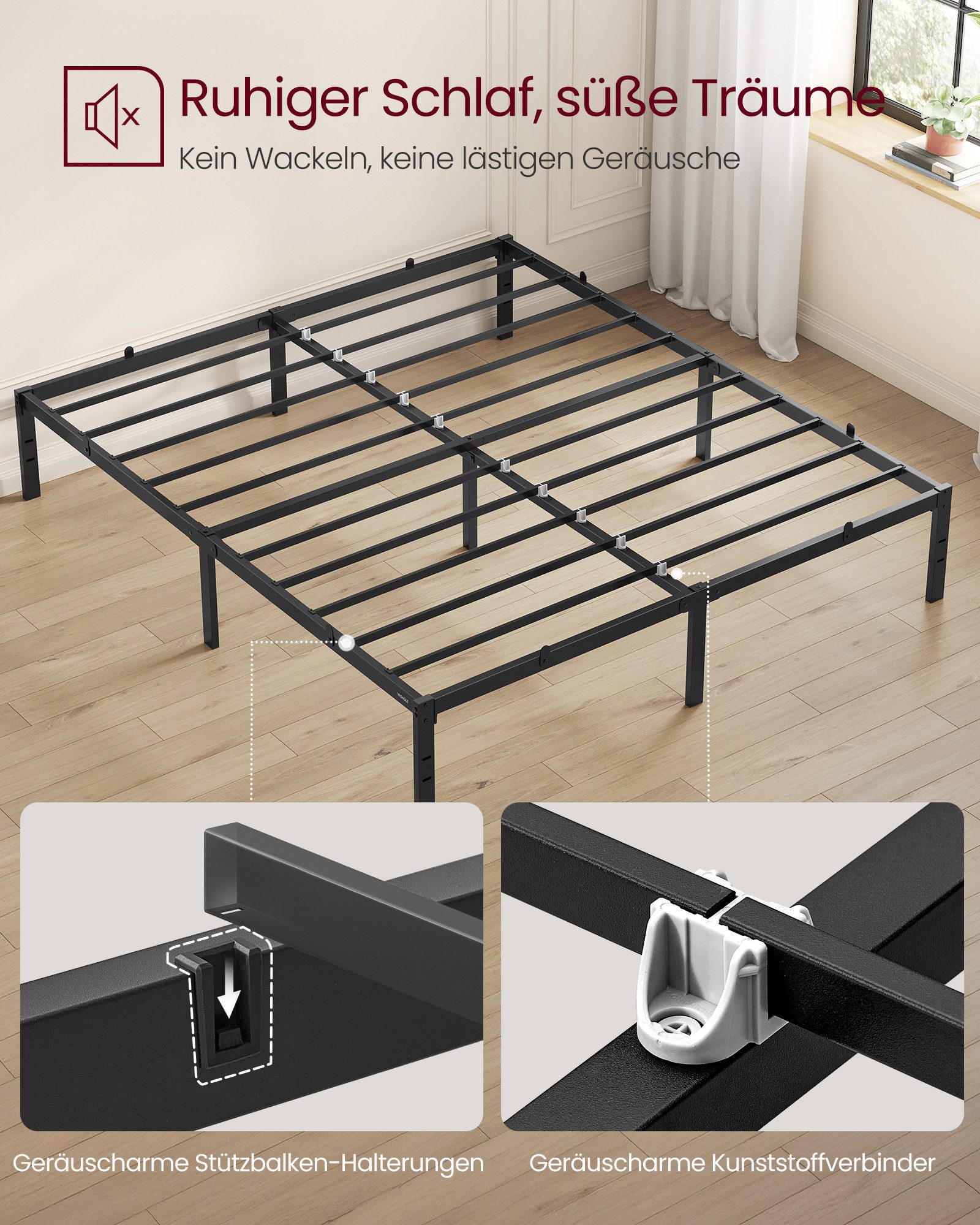 VASAGLE Bettgestell (160 x 200 cm, 35.6 cm H, geräuscharm), Metallbett, Bettrahmen, hochtragfähig, mehrfachgrößen-Option