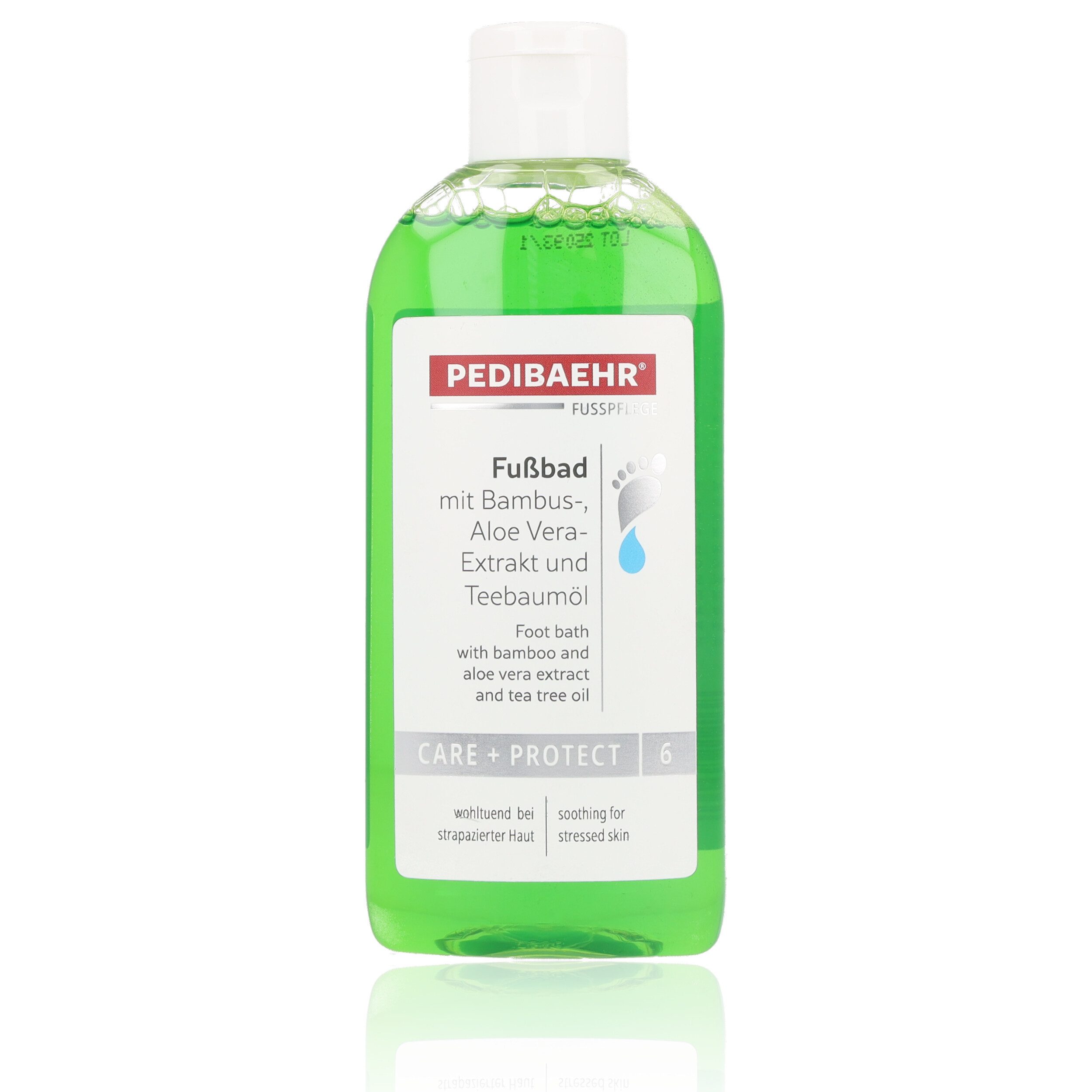 Pedibaehr Fußbad-Zusatz Pedibaehr Fußbad Bambus-, Aloe Vera-Extrakt und Teebaumöl 200ml, 1-tlg., reinigend & pflegend mit Panthenol, Zitronen-Duft