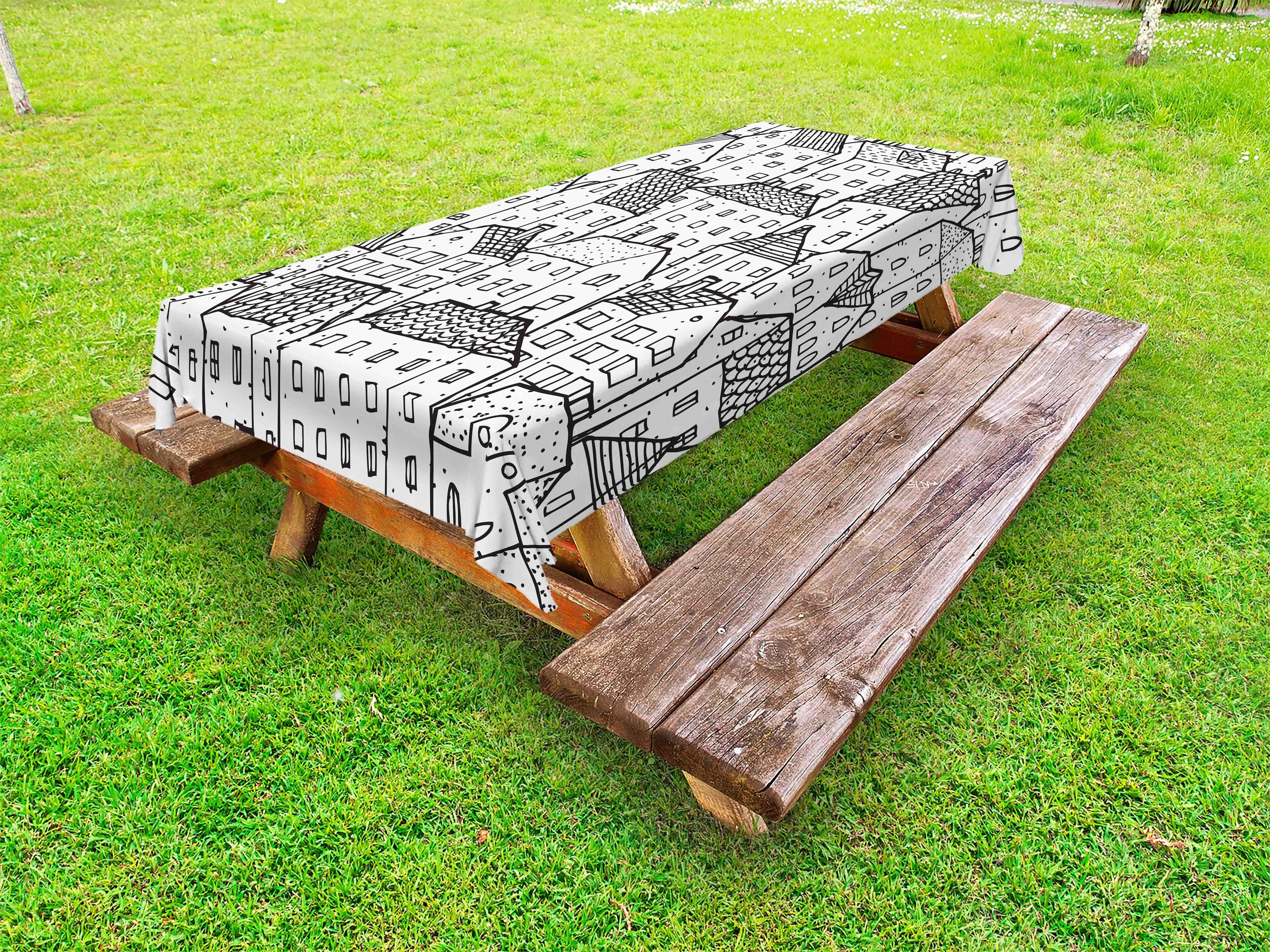 gezeichnete waschbare Hand Picknick-Tischdecke, Abakuhaus Simplistic Tischdecke Häuser Stadt dekorative