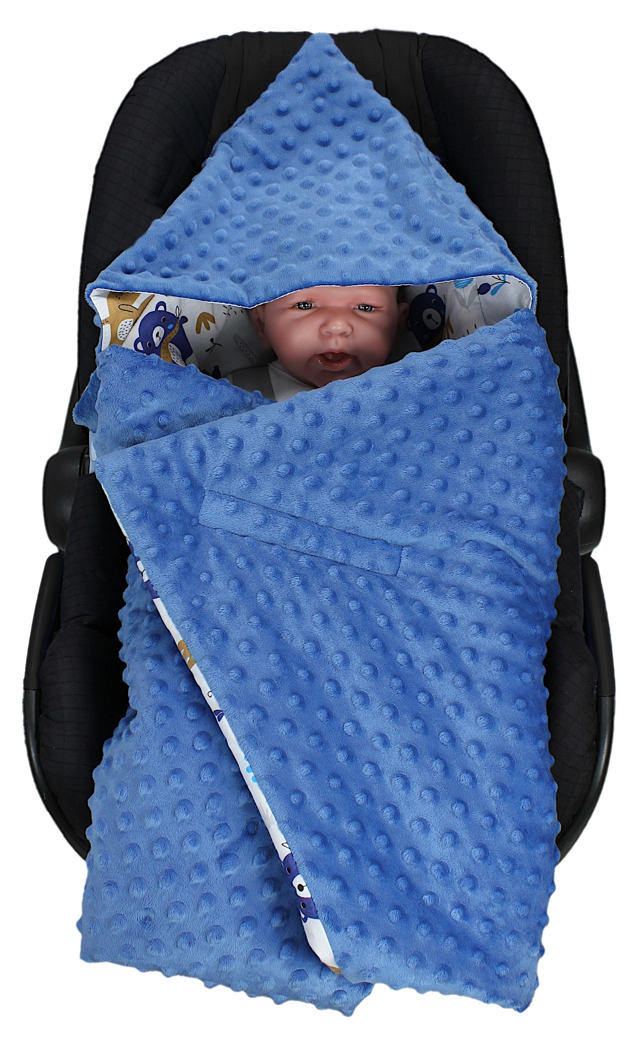 Decke Minky, Autositz / Einschlagdecke für 2er Jeansblau Einschlagdecke Babyschale Baby 85x85 Bärchen TupTam SET