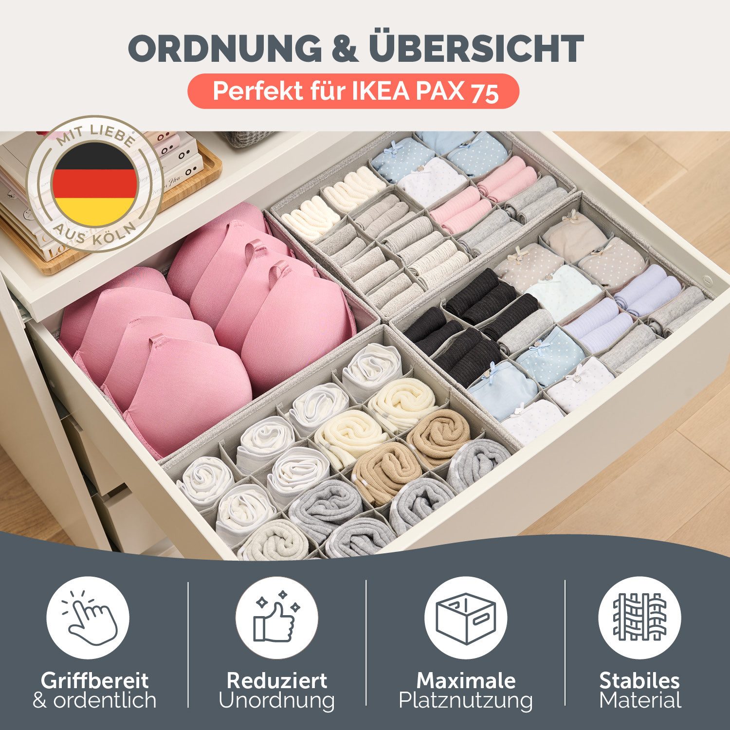 Blumtal Faltbox Kompatibel HEMNES, MALM, PAX Organizer Ordnungssystem Kleiderschrank (4 St), Faltboxen für BHs, T-Shirts - Boxen für Schrank – Bild 3 von 5