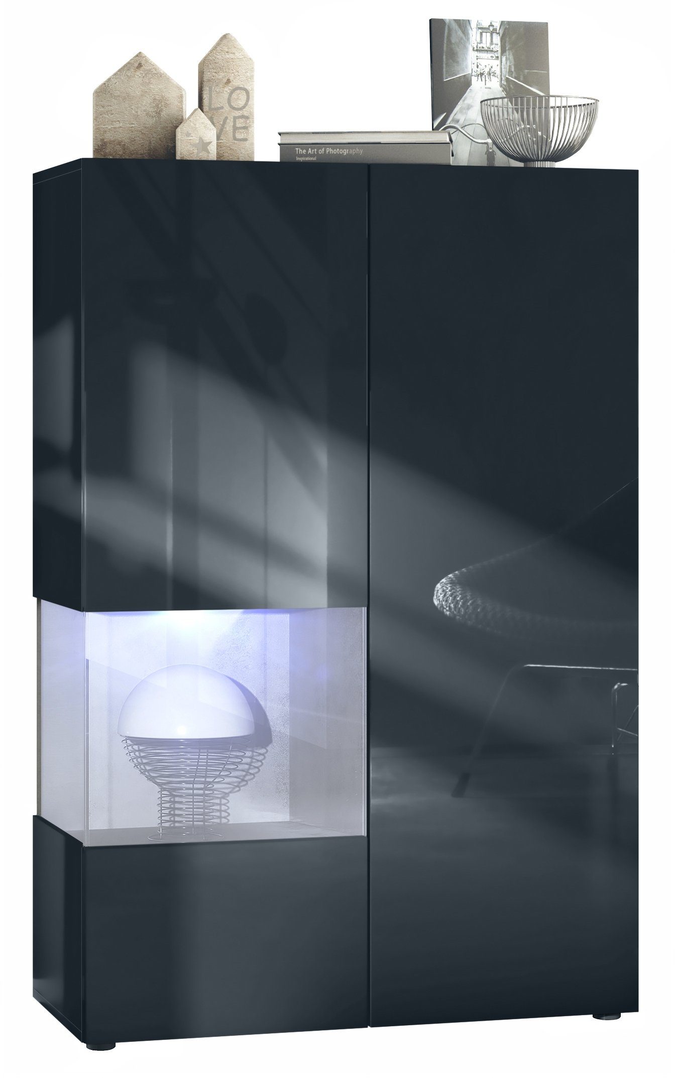 Vladon Standvitrine Morena V2 (Standvitrine, mit 2 Türen und Glaseinsatz inkl. LED-Beleuchtung) Schwarz matt/Schwarz Hochglanz/Beton Oxid Optik(91,5 x 136,5 x 37 cm)
