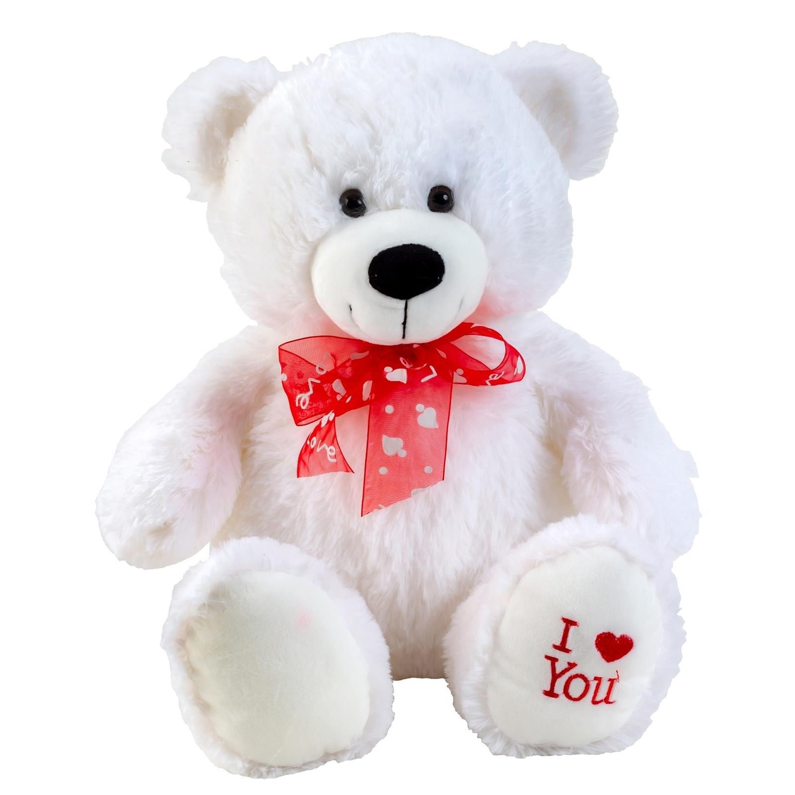 Geschenkestadl Kuscheltier Süßer Teddybär mit roter Schleife & „I love you“ – Weiß – 50 cm (Bär mit roter Schleifer), rote Schleife mit Herzen, bestickte Pfote mit I love you
