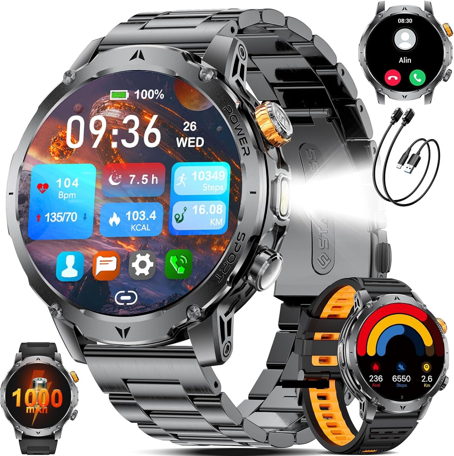 SUNKTA Heren"s Bluetooth Telefonfunktion Herzfrequenz SPO2 Schlafmonitor IP68 Smartwatch (1,7 Zoll), 100+Sportmodi Aktivitätstracker Anrufe Benachrichtigungen 1000mAh Akku
