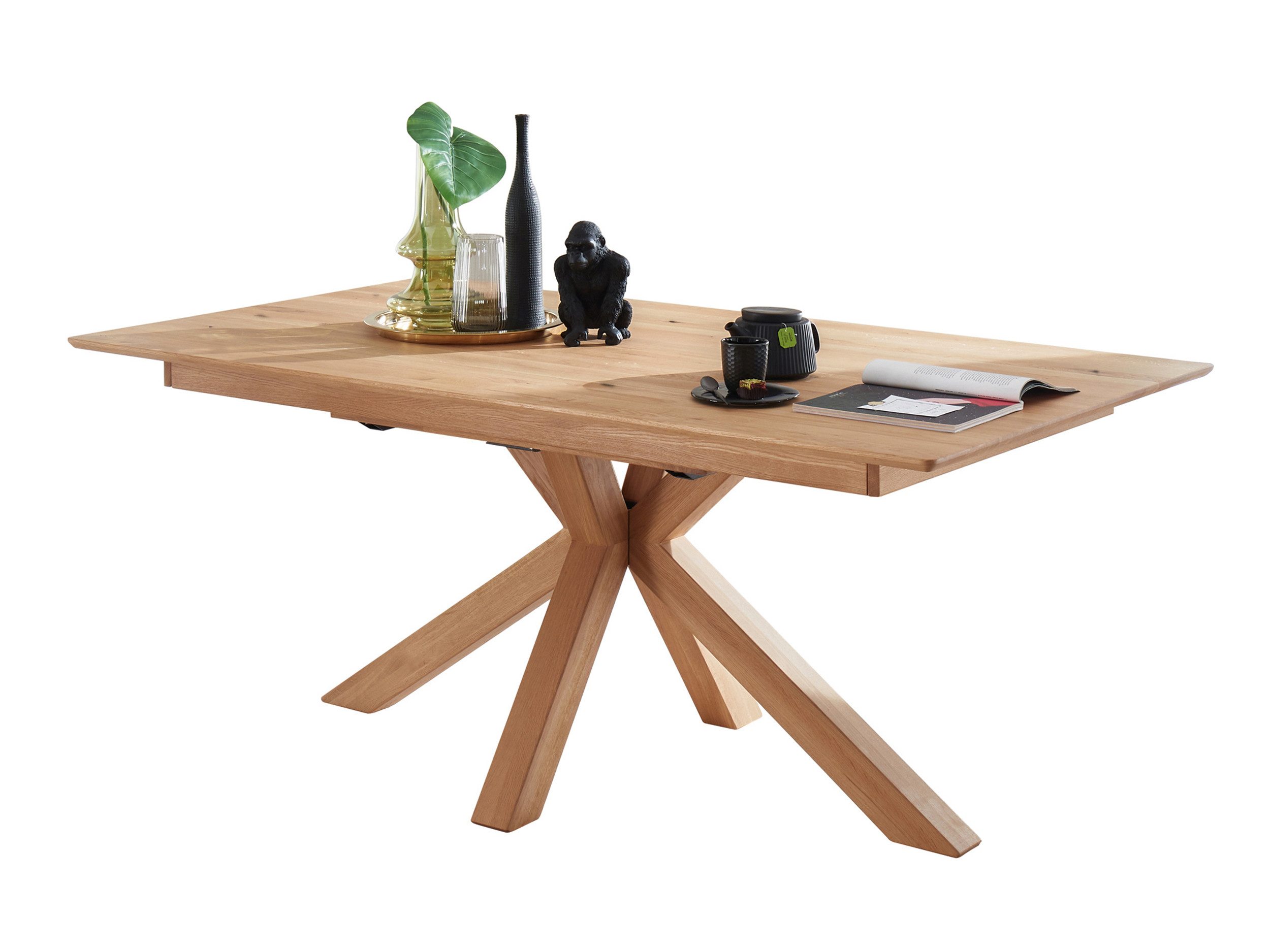 Massivart® Esstisch Wildeiche Massivholz geölt, ausziehbar / Spider-Gestell Holz / RICARDO, Schweizer Kante • innenliegender Butterfly-Auszug • Natur Pur