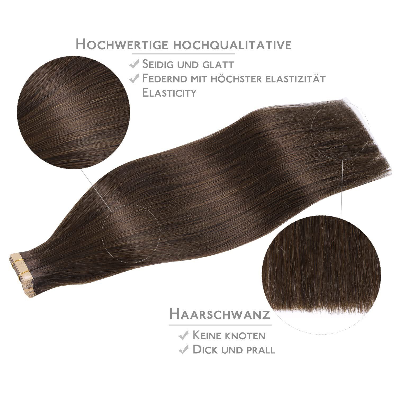 Tape-in-Haarverlängerung,20Stück,Helles Dunkelbraun Echthaar-Extension Wennalife