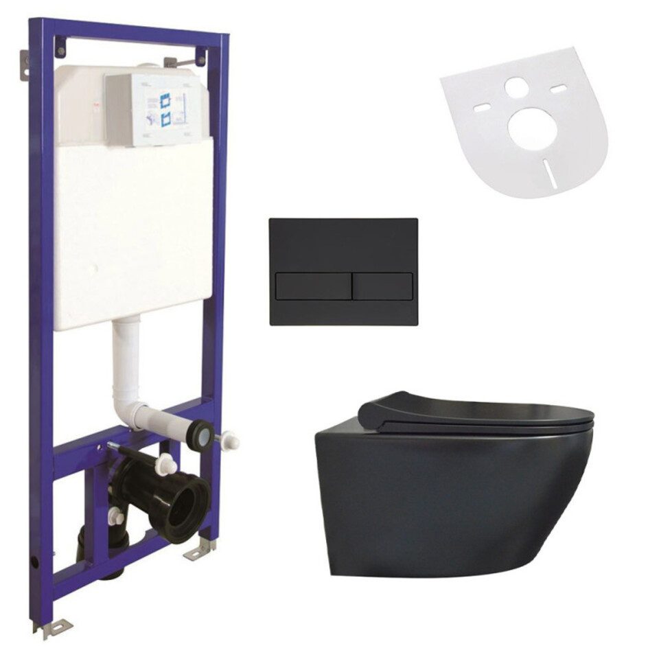 Belvit WC-Komplettset mit Wand-WC in schwarz & weiß, Vorwandelement & Soft-Close WC-Sitz, Unterputz Spülkasten, (Spar-Set), Vormontiert, Stahlrahmen, höhenverstellbar, bis 400 kg belastbar