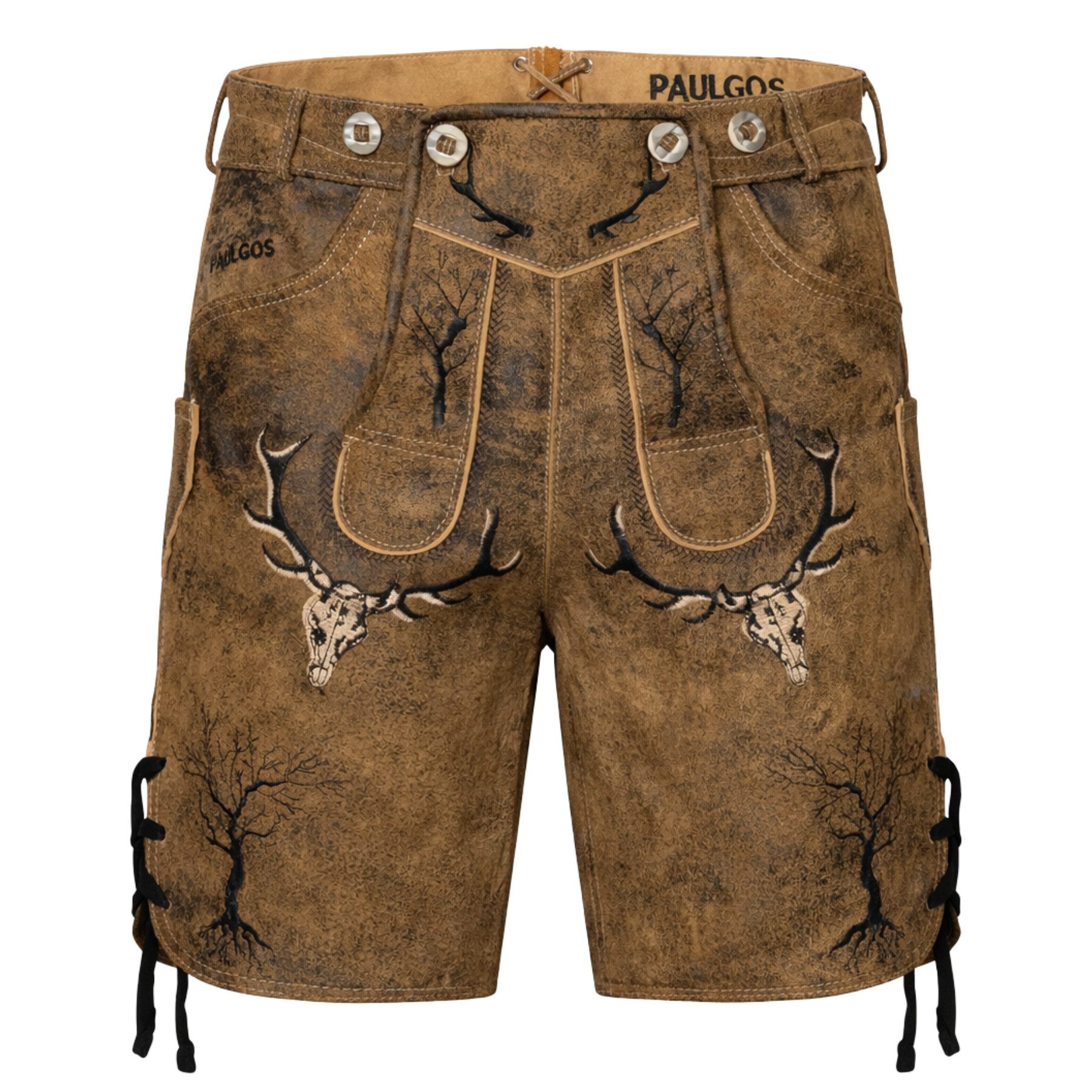 PAULGOS Trachtenhose Herren Lederhose Kurz mit Trägern 100% Echtleder - HK6 ANTIK