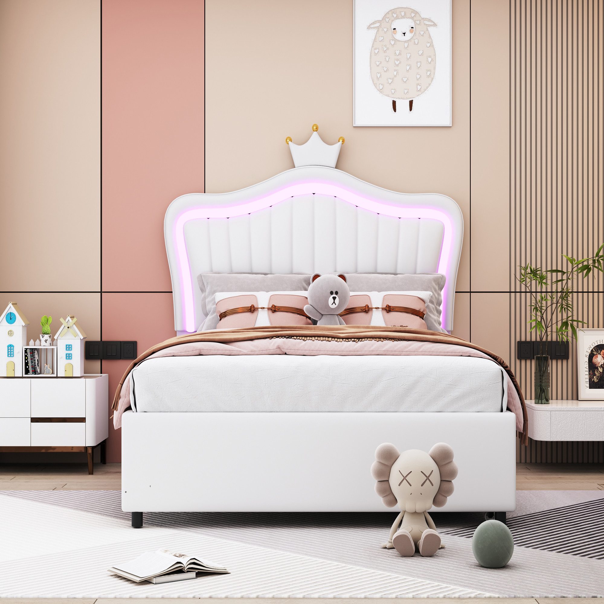 Rutaqian Polsterbett Doppelbett Kinderbett mit LED, Lattenrost und Rückenlehne, (1-tlg., stehen 2 Größen von), Kronendesign, 140 x 200 cm, aus PU-Leder, Ohne Matratze