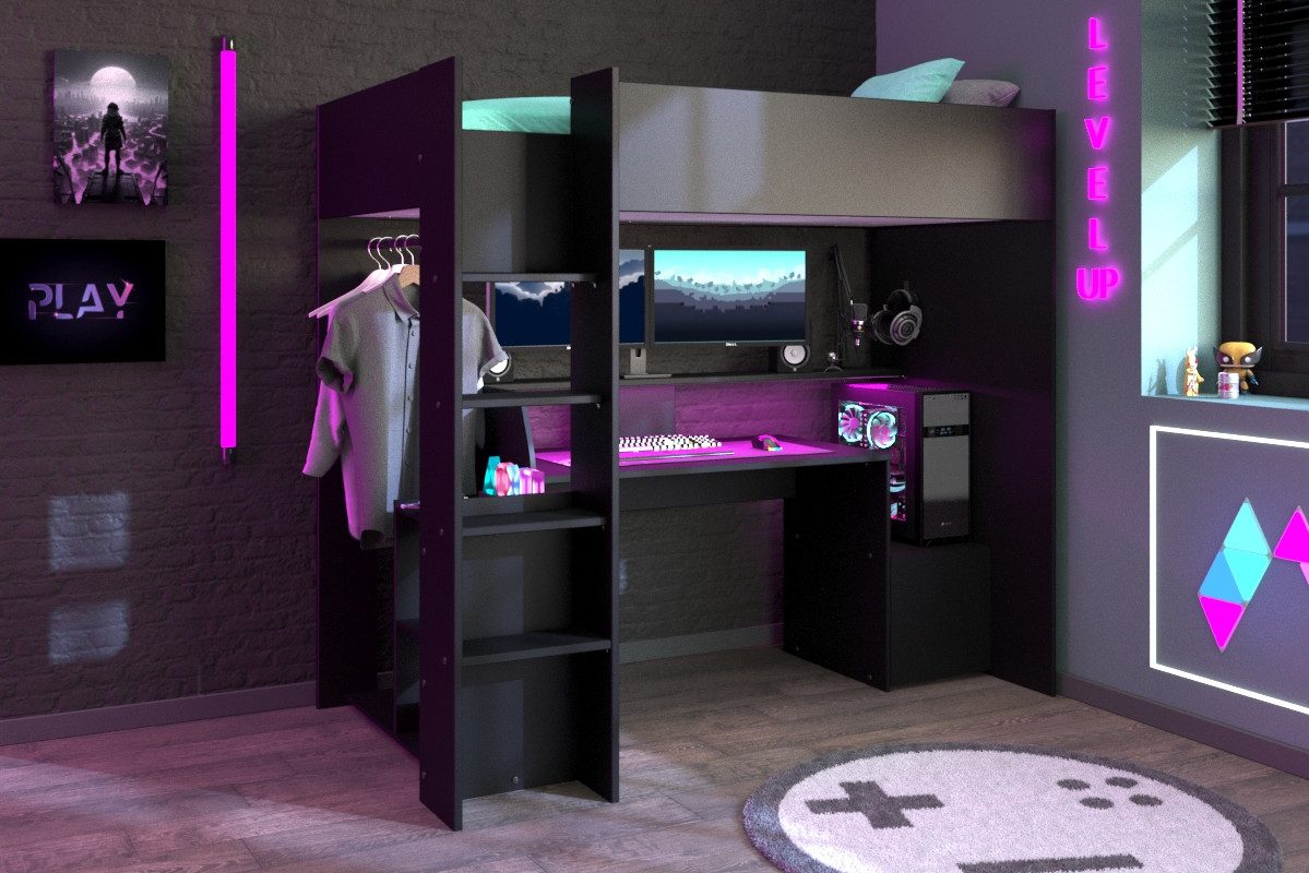 Parisot Hochbett Meddox mit LED & integriertem Gaming‑Arbeitsplatz (Gesamtaußenmaße B/T/H 203,7/94,4/180 cm) Stauraum, Schreibtisch & sicherer Rausfallschutz – Bild 3 von 5
