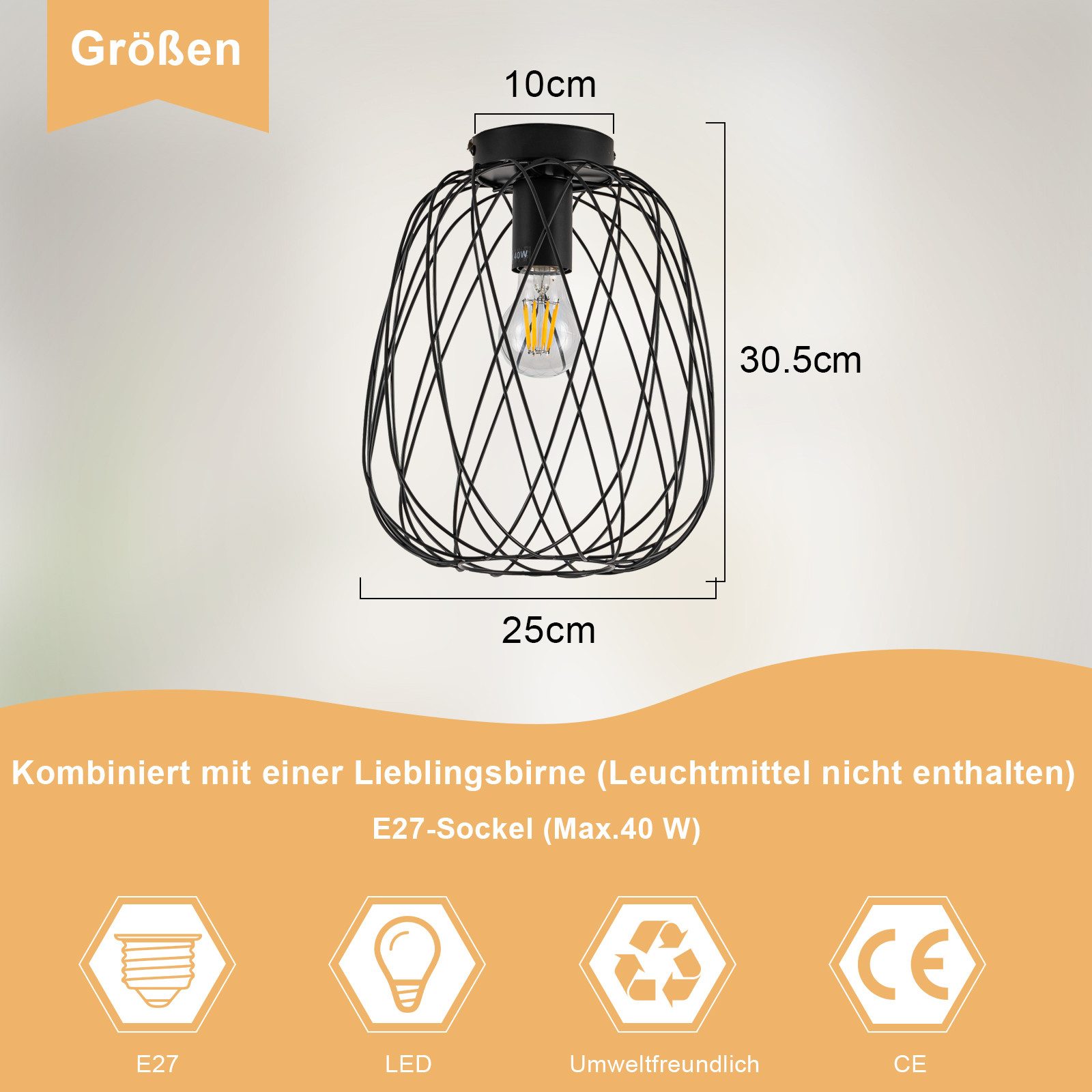 Nettlife Deckenleuchte Schwarz Vintage Kaefig Deckenstrahler E27 Lampenfassung Metall, LED wechselbar, Einzeln Esszimmerlampe für Wohnzimmer Küche Schlafzimmer Flur