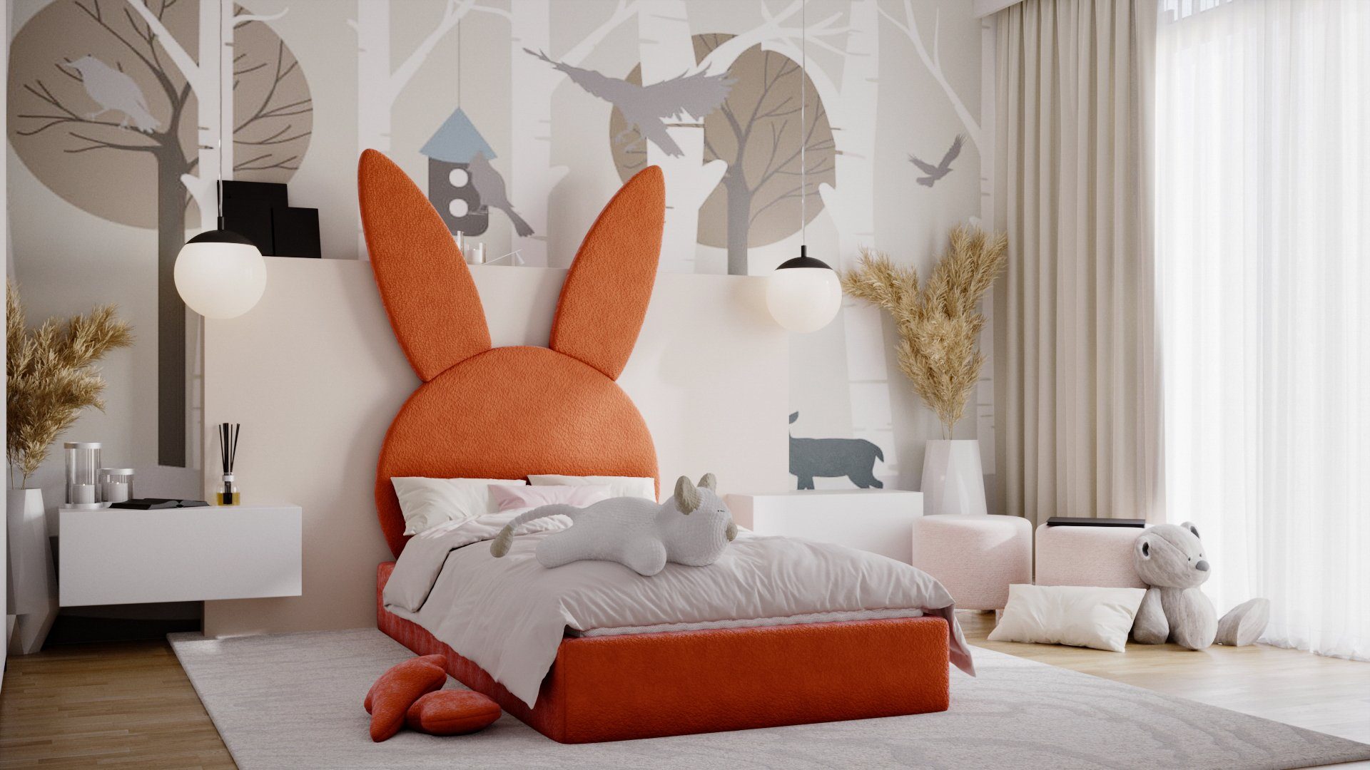 Matratze), (mit Möbel Kinderbett Ascot in Kopfteil Häschenform Stoff oder Polsterbett Bukla Fun Bett Orange Comfort-Plus ohne HÄSCHEN in