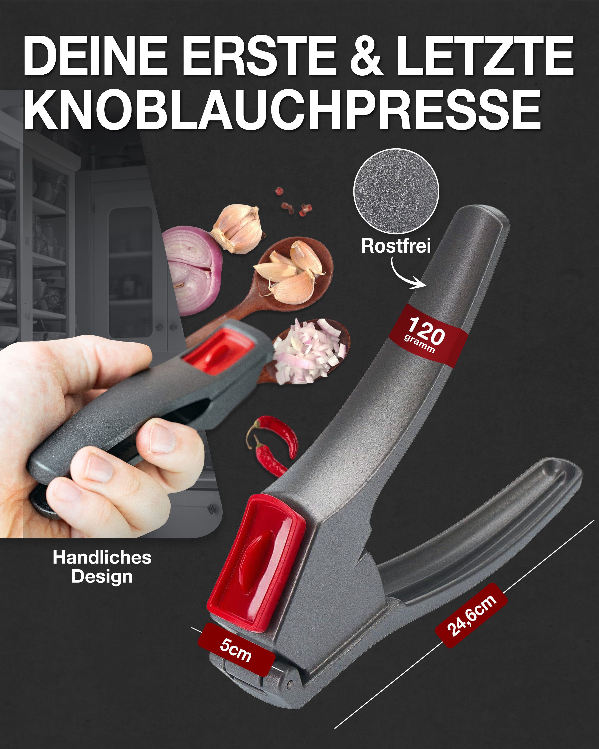 Thiru Knoblauchpresse Ideal für Ingwer, Zwiebeln & Kapern - Kein Schälen notwendig