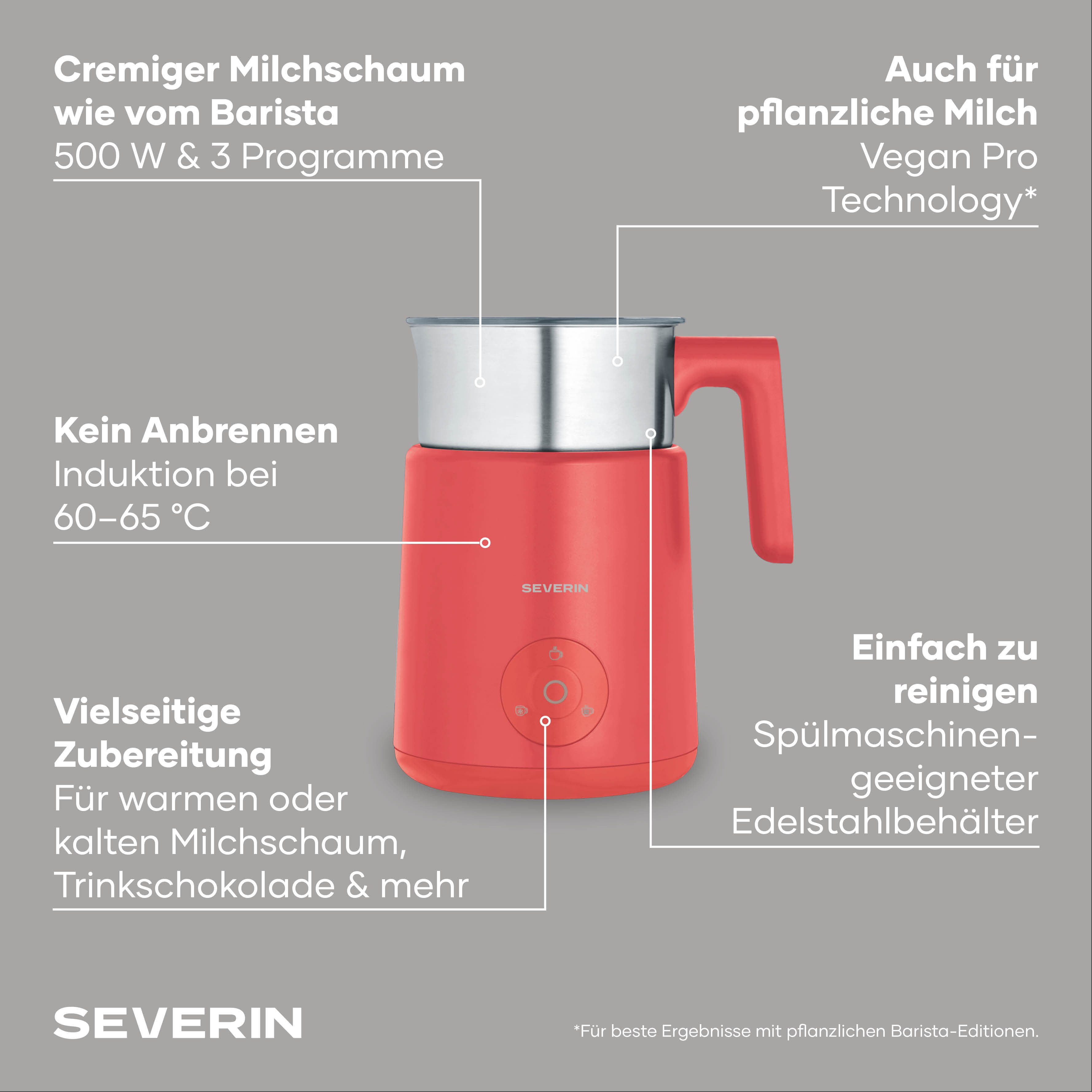 Severin Milchaufschäumer SPUMA LITE SM 3595, 500 W, kaltes & warmes Aufschäumen, Schoko-Funktion, auch vegane Milch, pink
