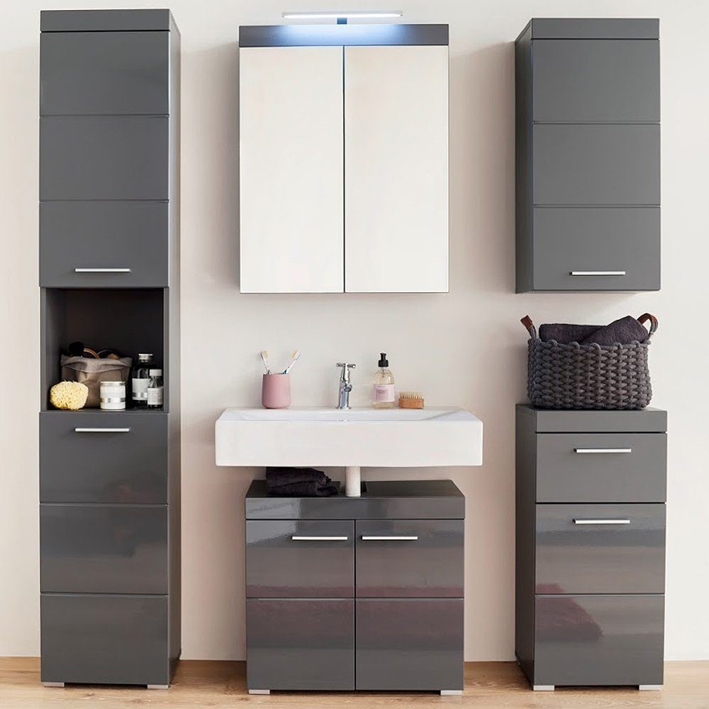 trendteam Badmöbel-Set Amanda, Badmöbel-Set Hochschrank Unterschrank Spiegelschrank Beleuchtung