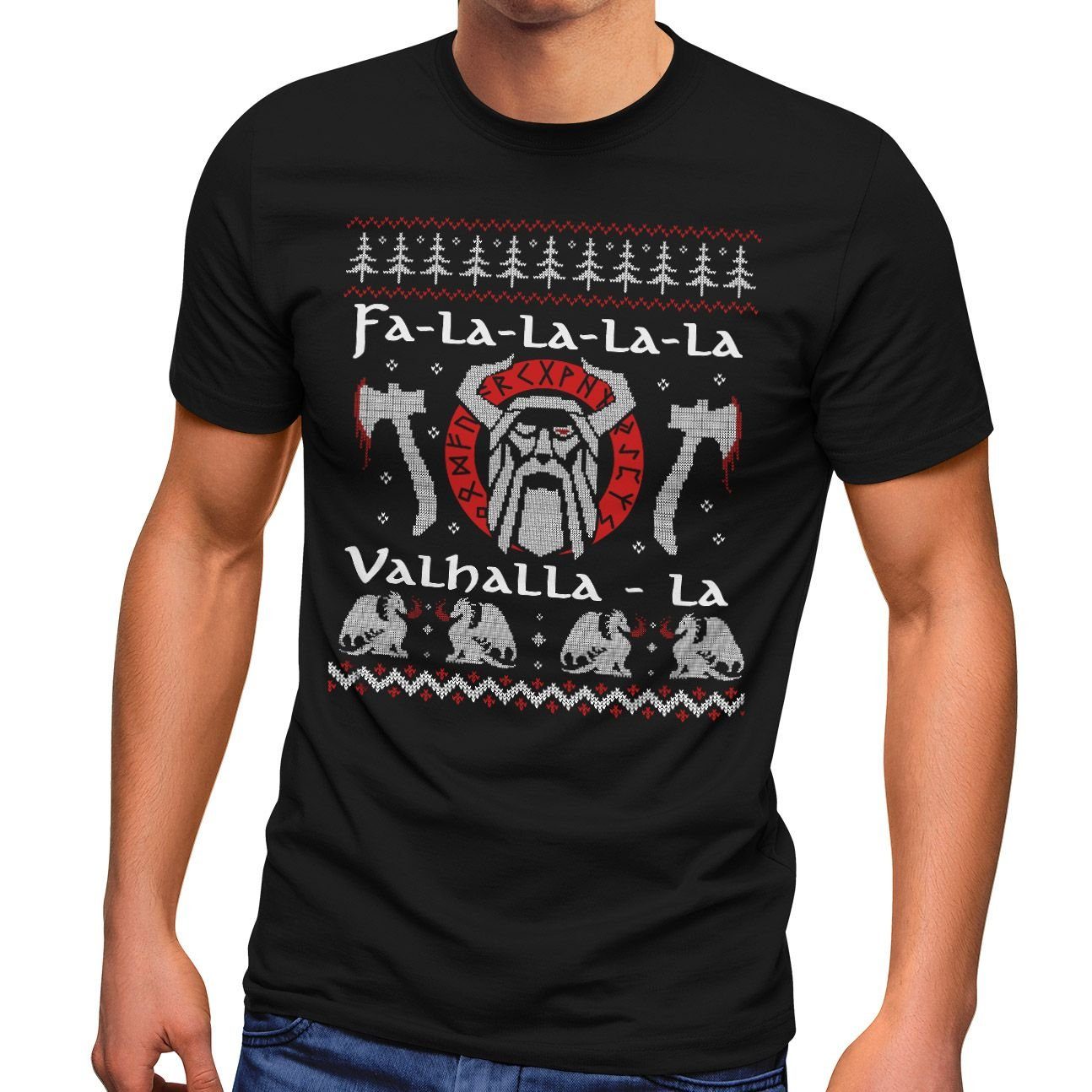 Print-Shirt Herren T-Shirt Ugly Christmas Odin Vikings Winkinger Valhalla Weihnachten Fun-Shirt Moonworks®