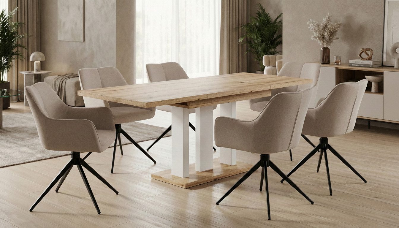 Endo-Moebel Essgruppe "Appia White" 130-210cm ausziehbar, Tischgruppe, 6 Personen, (1 ausziehbarer Esstisch, 6 bequeme Stühle), Synchronauszug, Erweiterbar, Weiße Tischbeine, Säulentisch
