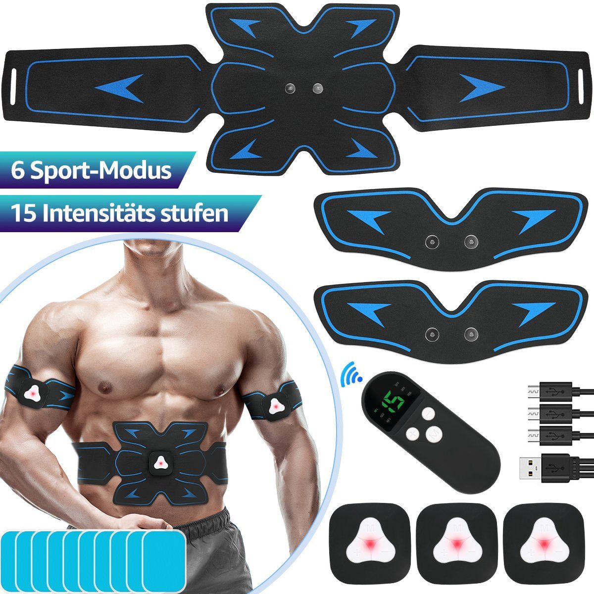 VSIUO EMS-Bauchmuskeltrainer elektronische Muskelstimulation, (USB Wiederaufladbar Elektromuskelstimulation), Trainingsgerät für Herren Damen zum Muskelaufbau
