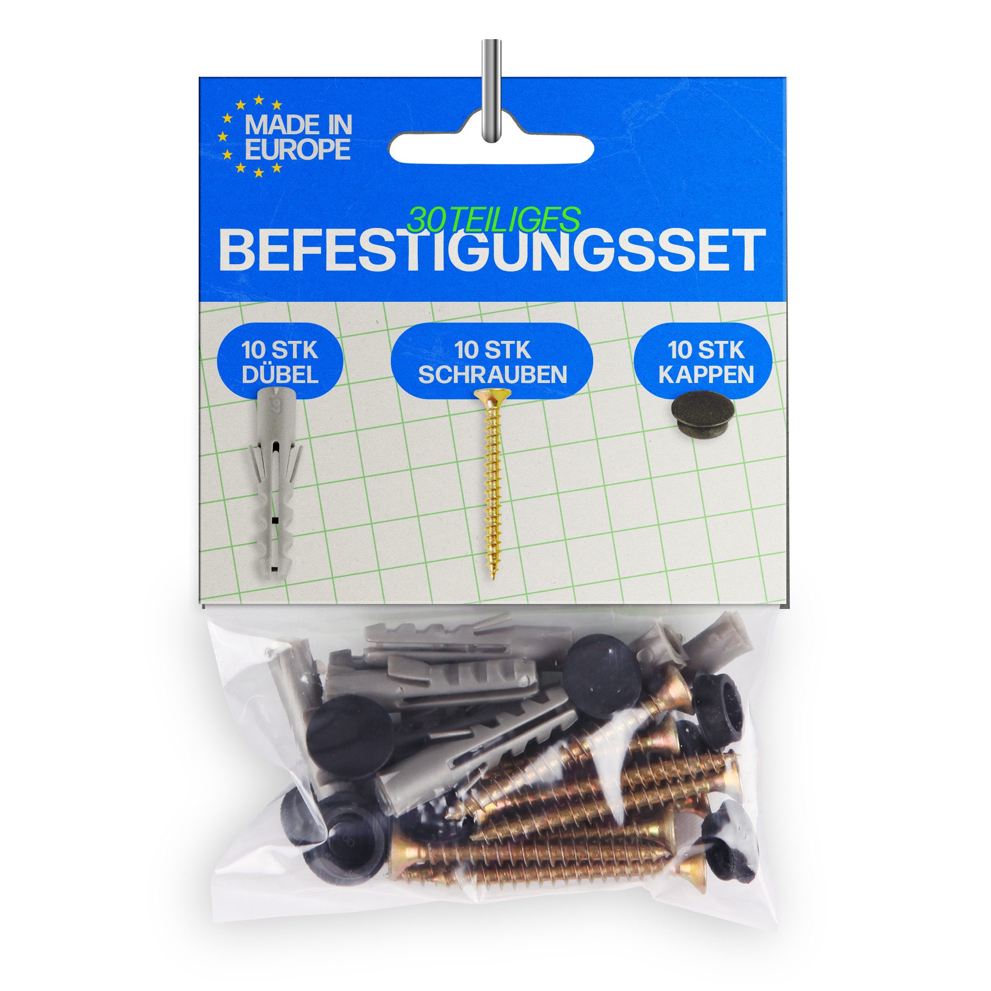 Bestlivings Schrauben- und Dübel-Set für Kunststoff-Gardinenschienen, (5 St., 50 Dübel, 50 Schrauben, 50 Verschlusskappen), auch für leichte Wandmontagen wie Bilder, Spiegel o.ä. geeignet