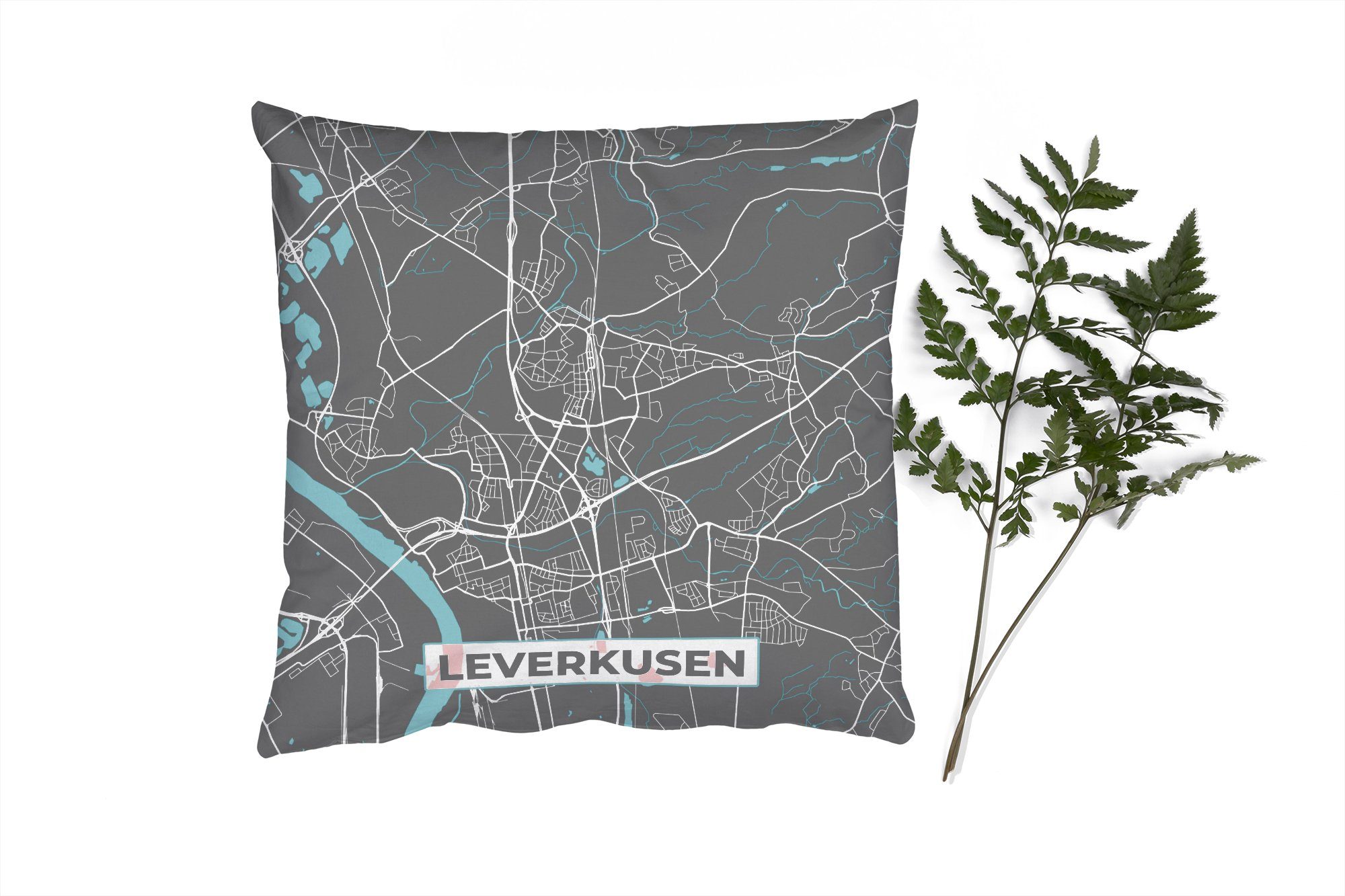 MuchoWow Dekokissen Blau - Deutschland - Karte - Stadtplan - Leverkusen, Zierkissen mit Füllung für Wohzimmer, Schlafzimmer, Deko, Sofakissen