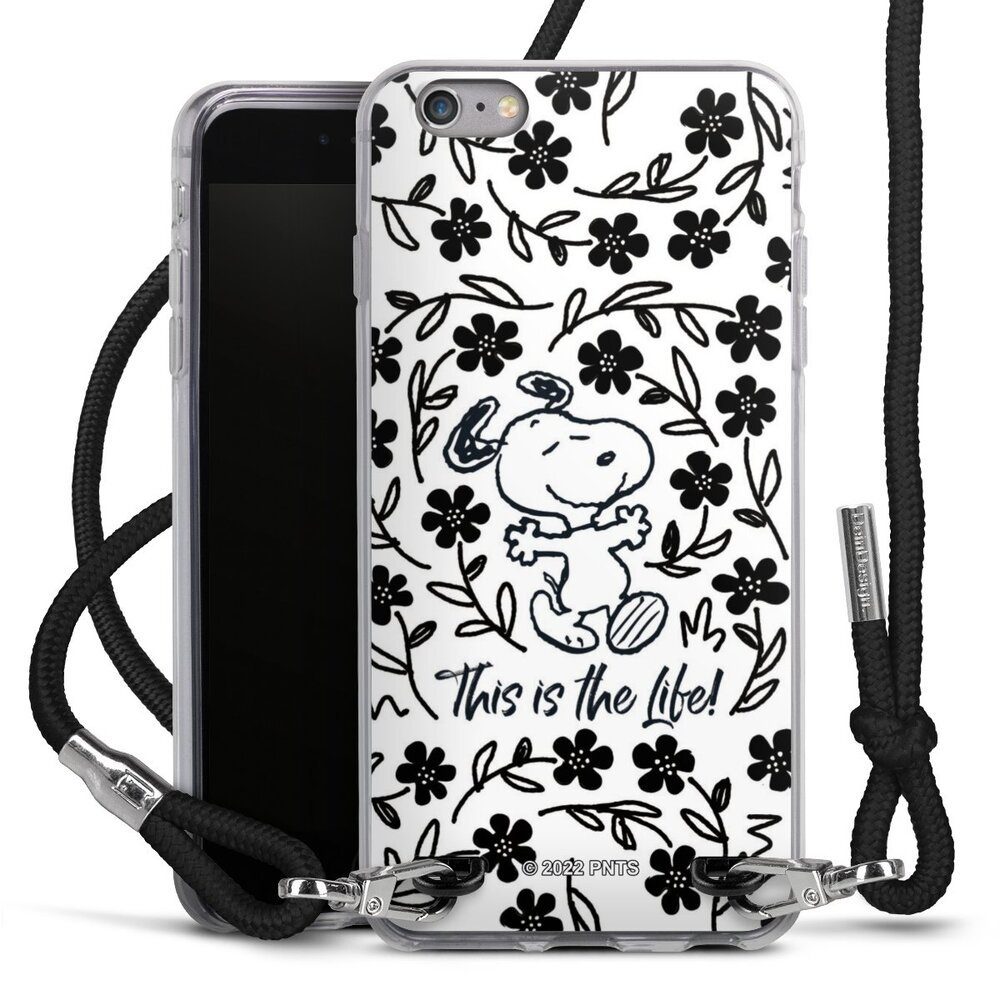 DeinDesign Handyhülle Peanuts Blumen Snoopy Snoopy Black and White This Is The Life, Apple iPhone 6s Plus Handykette Hülle mit Band Case zum Umhängen