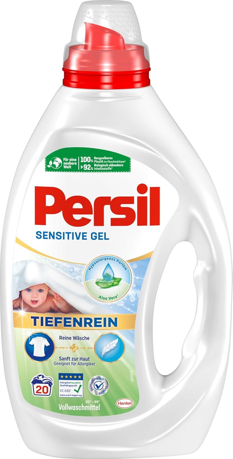Persil Sensitive Gel (20 WL), Flüssigwaschmittel für Allergiker & Babys, Spezialwaschmittel (1-St. mit beruhigender Aloe vera für sensible Haut)