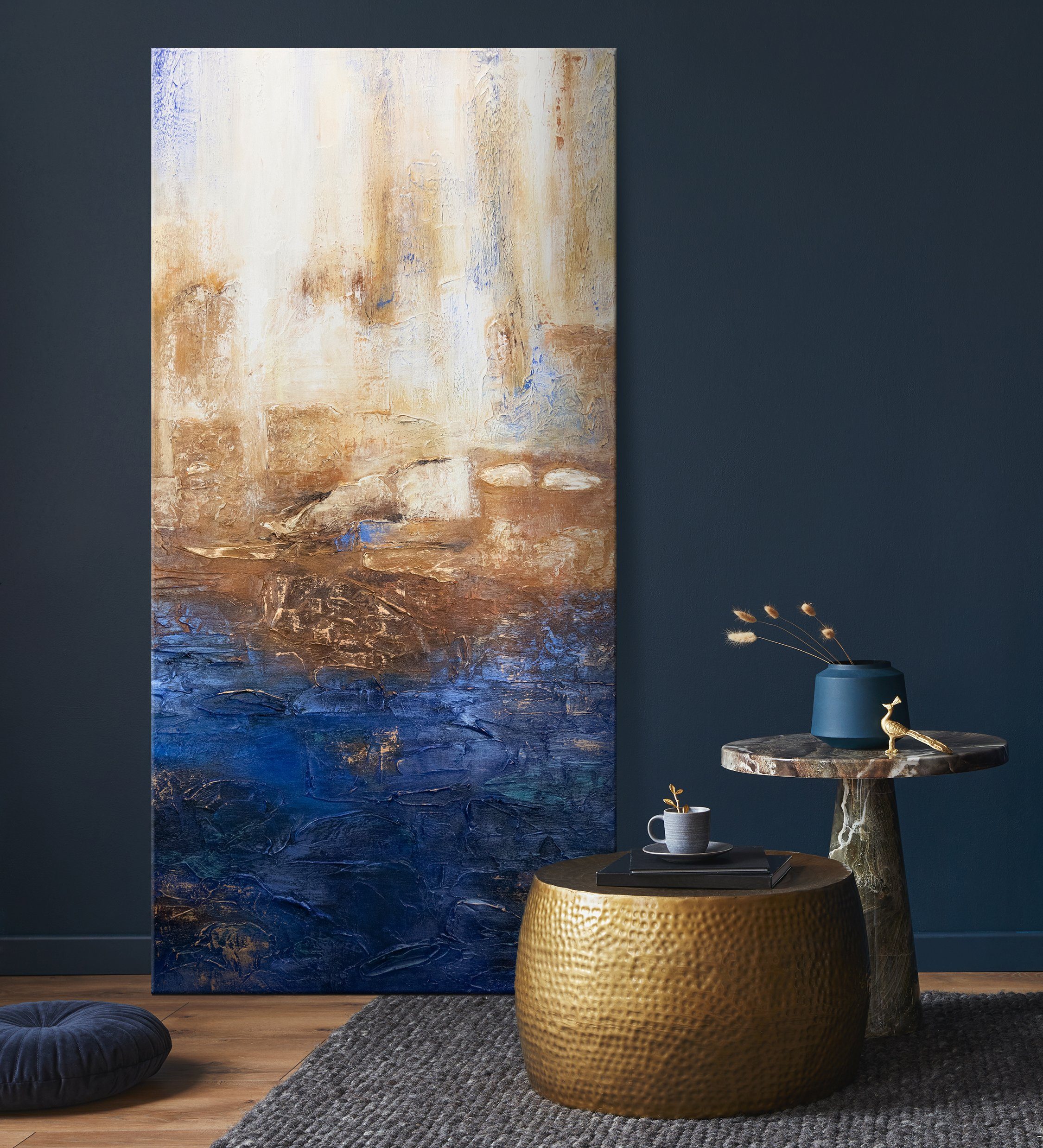 Handgemalt Vertikales Schattenfugenrahmen Abstrakt Bild YS-Art Leinwand Bilder, Blau Abstrakte Ohne II, Gemälde Marine Gold