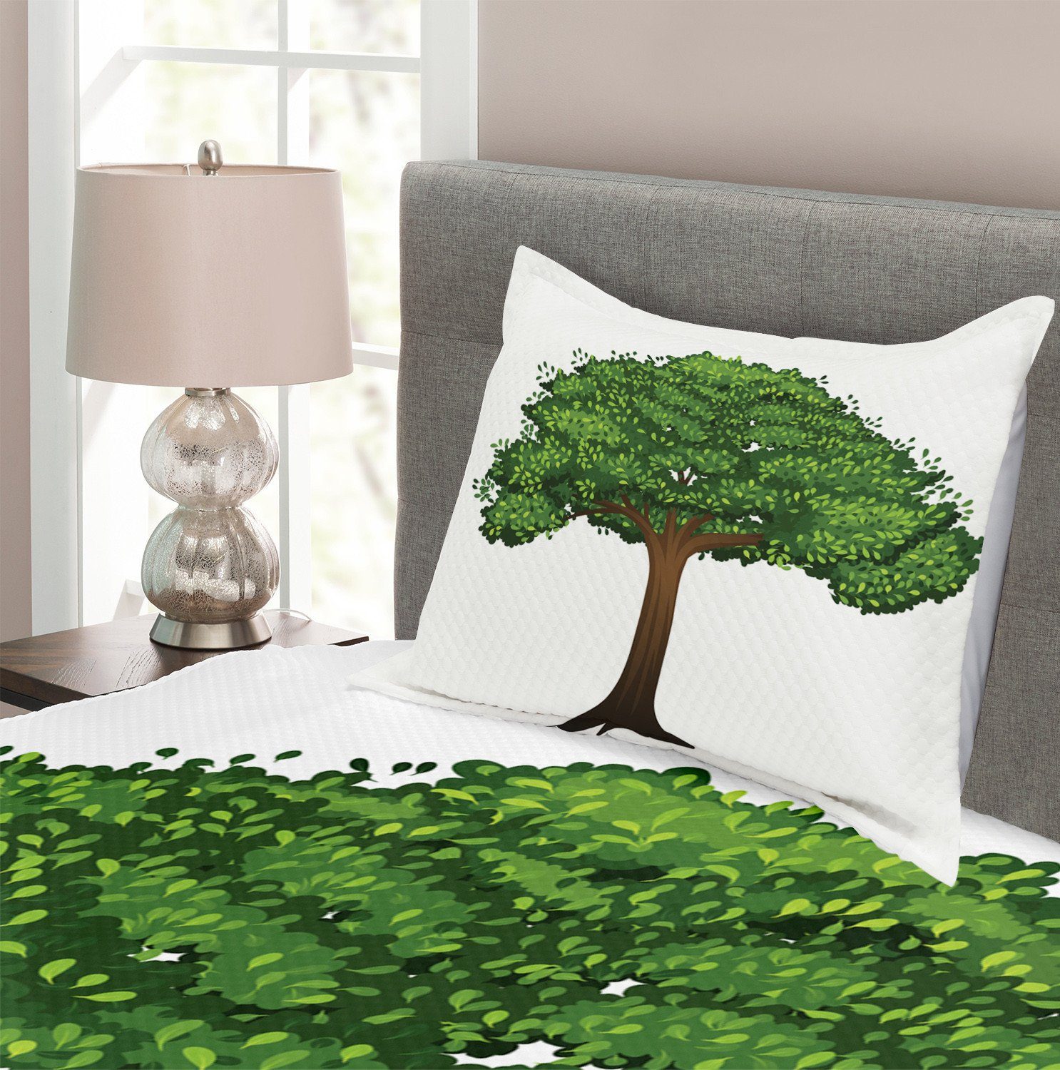 Abakuhaus, Grün grünen Baum Waschbar, Kissenbezügen Set Cartoonish Tagesdecke Zweig mit