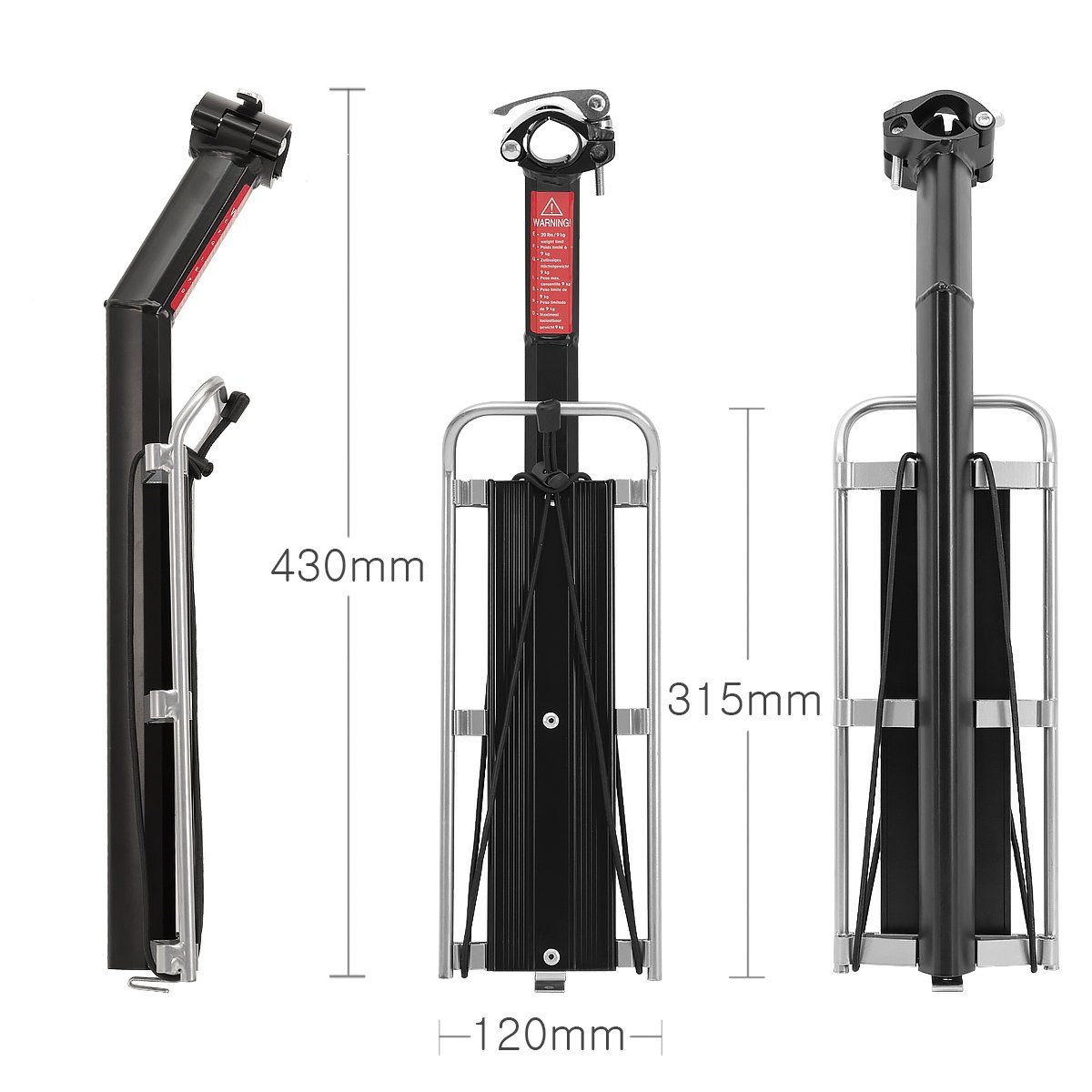 MidGard Fahrrad-Gepäckträger für Sattelstütze aus Aluminium, mit Reflektor für E-Bike MTB Rennrad, verstellbar für 24 - 29 Zoll Fahrräder, belastbar bis maximal 9 kg