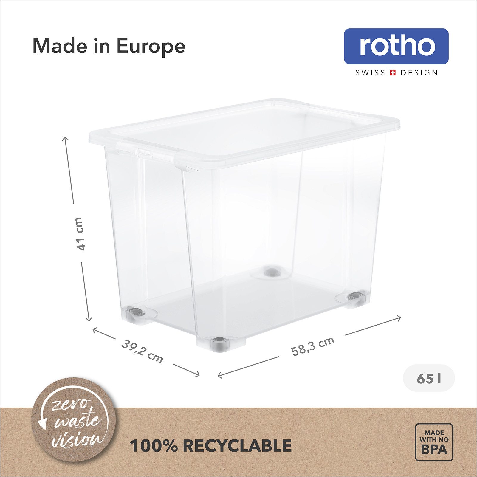 ROTHO Aufbewahrungsbox 4er-Set CORE BASIC 65L stapelbar transparente Box mit Deckel und Räder (Sichtboxen-Set, 4er-Set), Lagerbox ideal für Kleidung, Decken und große Haushaltsartikel