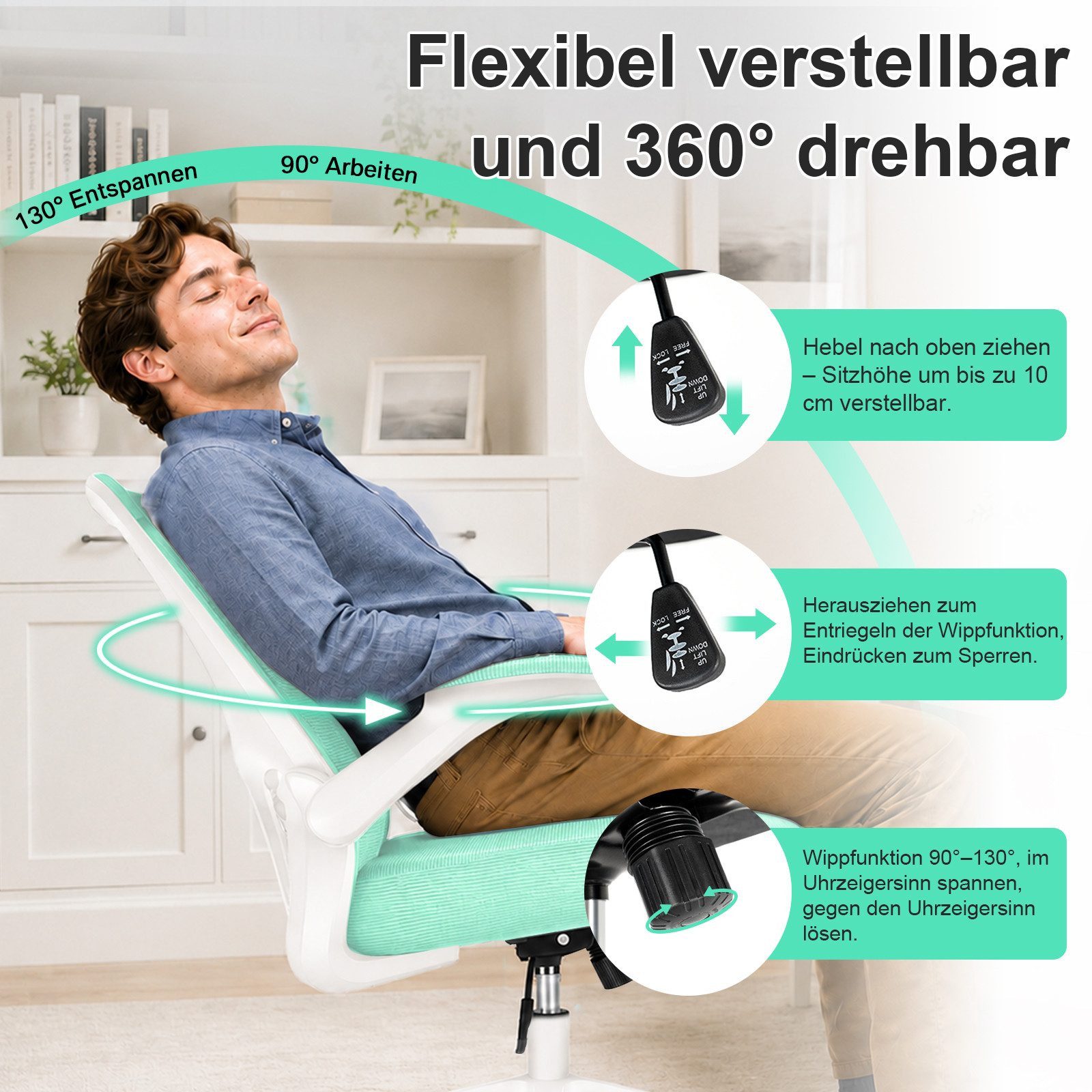 Durrafy Bürostuhl Ergonomischer Bürostuhl,Schreibtischstuhl mit klappbaren Armlehnen, Chefsessel mit 150 kg Tragfähigkeit – Bild 4 von 5