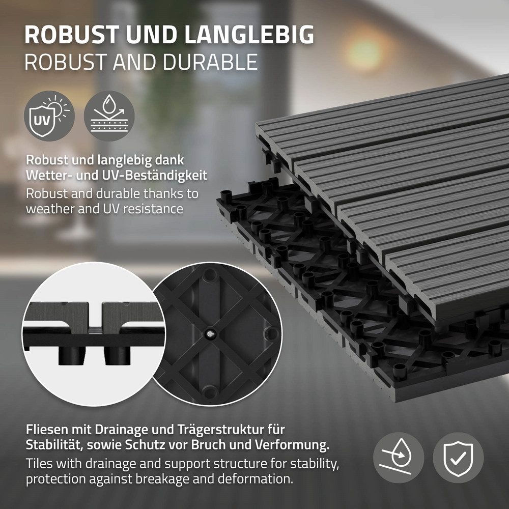 ECD Germany Terrassendielen WPC Bodenplatte Terrassenfliesen Fliesen mit Drainage und Klicksystem, BxL: je 30x60 cm, 22 mm Stärke, Bodenbelag 1m²/6 Stück Anthrazit rutschfest Balkonfliesen