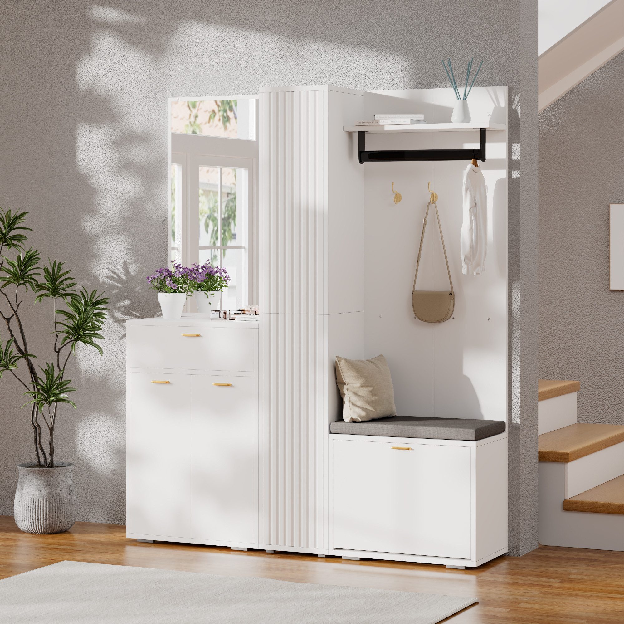Merax Garderoben-Set Garderobenset, schmale Wandgarderobe, (1-St., mit Spiegel, Kleiderstange, 3 Türen, Klappen, Schublade, 3 Haken), Sitzbank, Flurschrank, Sch – Bild 3 von 5