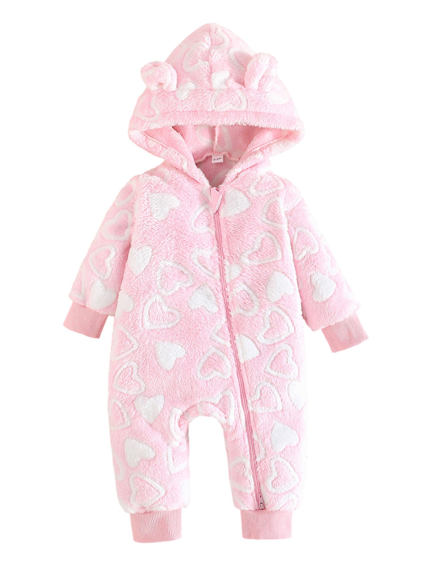 Gluckids Strampler Unisex Baby Kapuzenpullover, warmer Overall mit Herzmuster (1-tlg) Baby Langarm Kontrastfarben Strampler Kleidung mit Reißverschluss