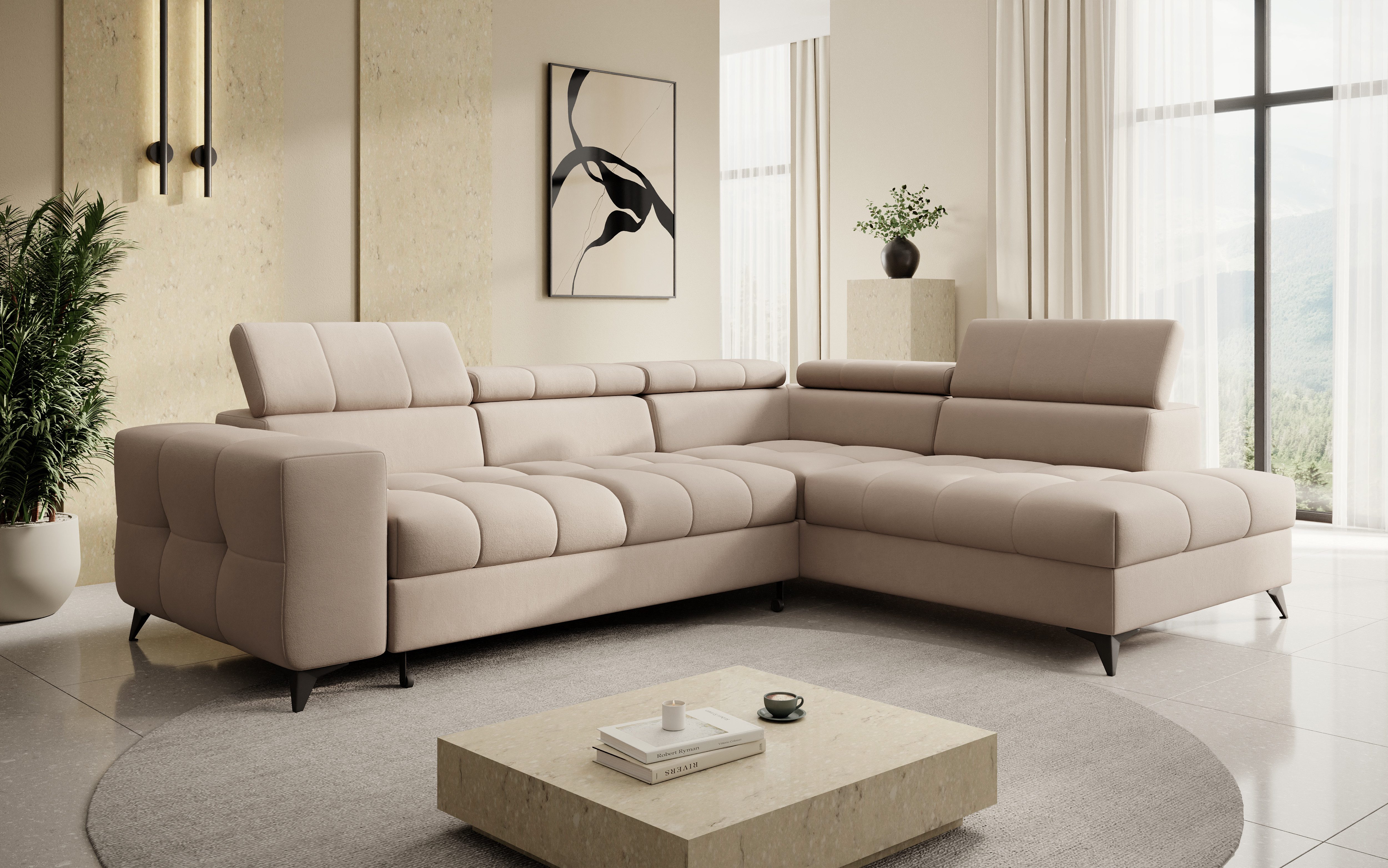 thematys Ecksofa SORANO mit Schlaffunktion & Bettkasten – L-Form, Bouclé und Velours, - mit verstellbaren Kopfstützen, – L-Form 270×203 cm – Schlafsofa mit Auszug, – L-Form 270×203 cm – Schlafsofa mit Auszug