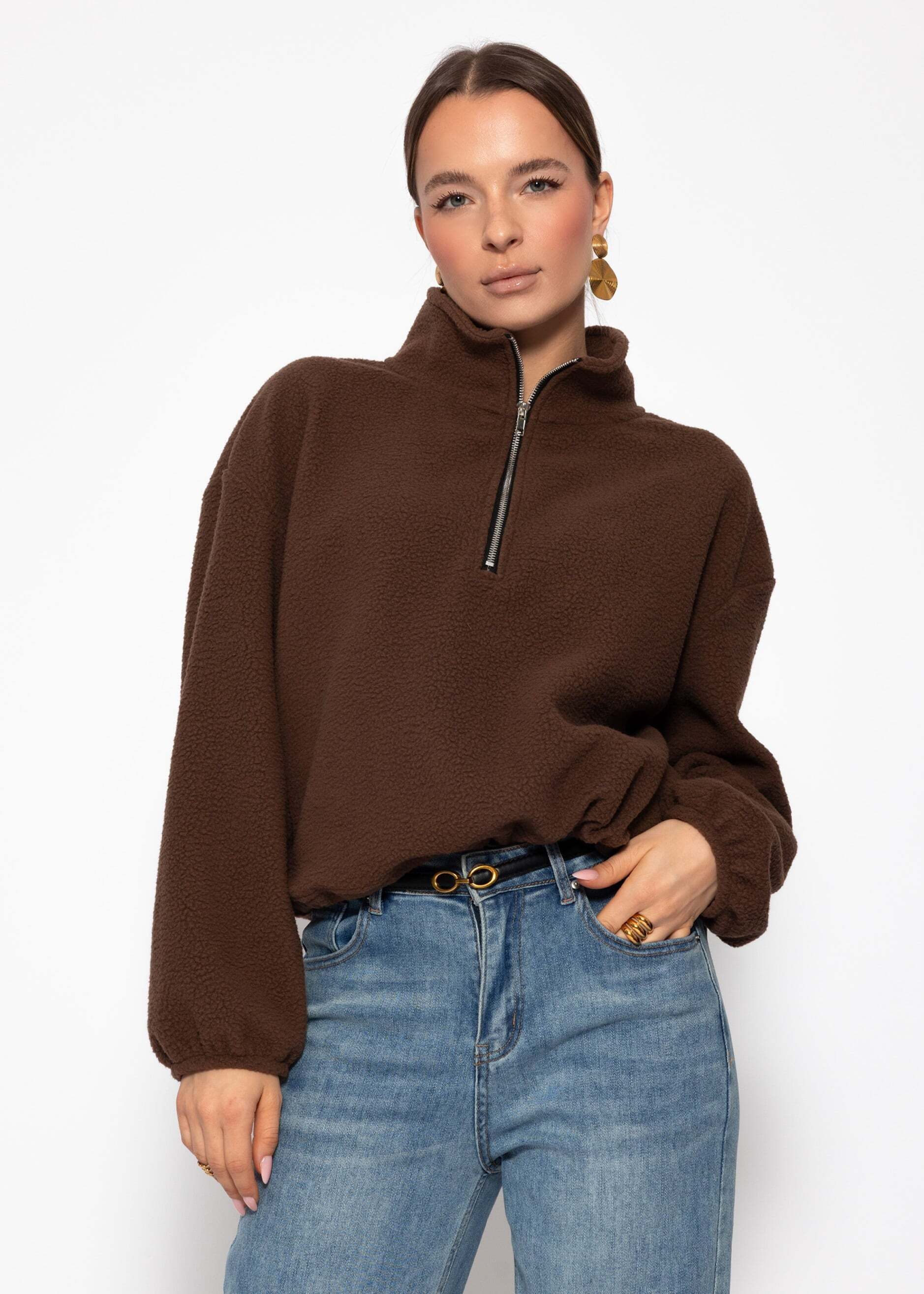 SASSYCLASSY Strickpullover Oversize Fleece Sweatshirt für Damen Lockerer Sweater mit Reißverschuluss und Stehkragen Rosa Braun